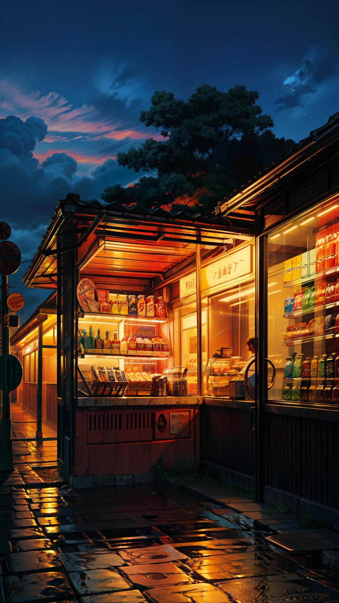 mais alta qualidade,A obra-prima perfeita,Arte perfeita,Obras Oficiais,8k,, melhor qualidade, (obra de arte:1.2), illustration, absurdos, I adore the reddish hue of the afternoon sky, especially as the road lamps flicker to life and the vending machines illuminate. It's a magical moment, watching the world transition from day to night. These simple scenes bring me a sense of joy and tranquility. They remind me to pause and appreciate the beauty that surrounds me every day.