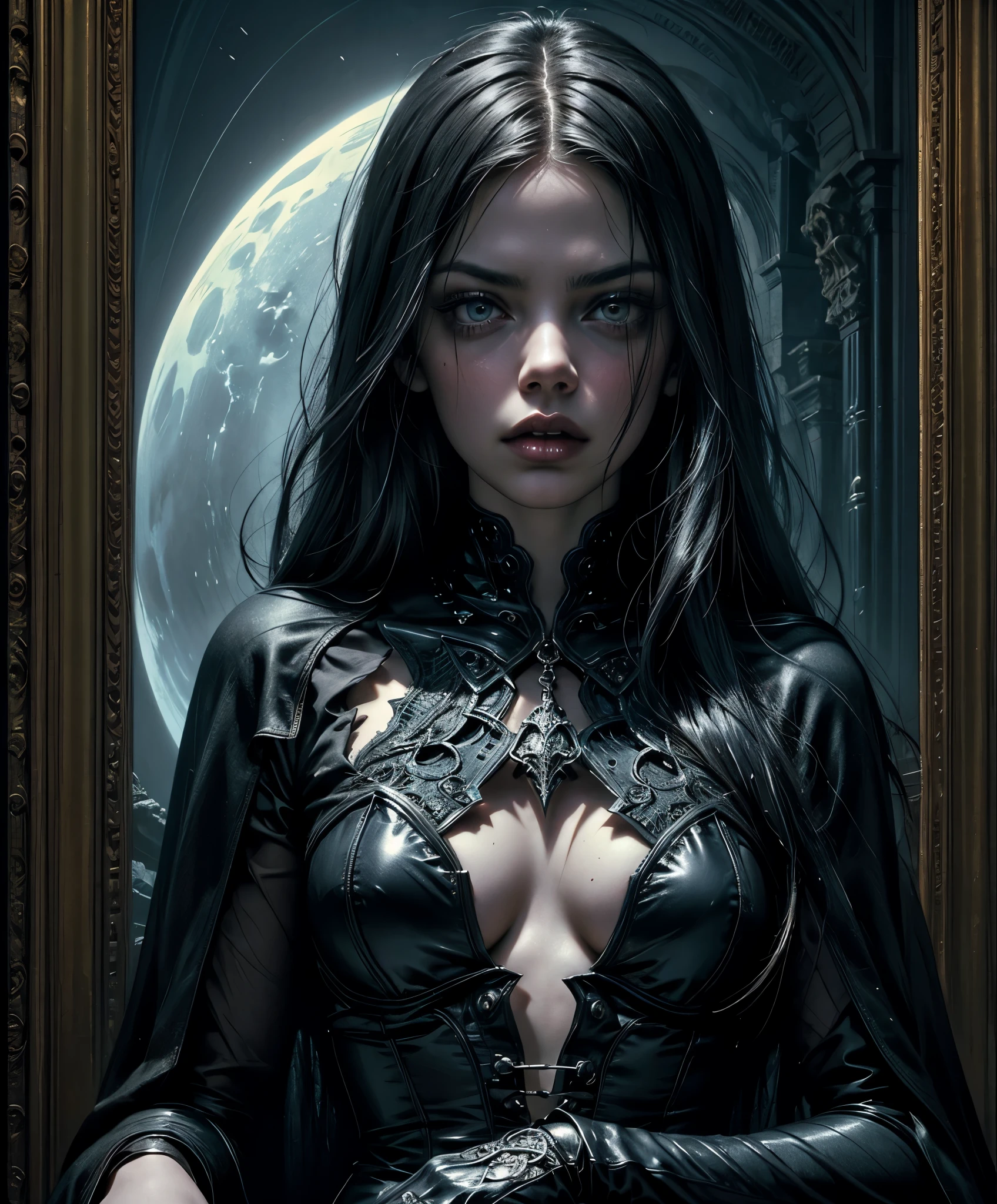 A hauntingly beautiful woman clad in latex sits in front of an awe-inspiring painting, her intense gaze locked with the viewers'. This portrait, reminiscent of the enigmatic works of renowned artist David LaChapelle, has clinched the coveted title of a CG Society contest winner. The gothic art style envelops the scene, the air heavy with gothic horror vibes, leaving an unforgettable chill. In the background, Samara Weaving, with her vampire-like countenance, assumes a creepy pose. Her sinister expression and the ominous atmosphere add to the unsettling ambiance. Karol Gajda