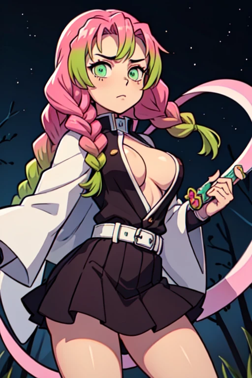 1girl, Mitsuri (demon slayer), beautiful girl, beautiful face, pink hair, green hair, gradient hair, multicolored hair, long hair, bangs, double braids, green eyes, white haori, a black skirt with a silver belt and green striped hips, demon slayer uniform, long sleeve jacket, white haori, black skirt, silver belt, green striped thighs, buxom chested, large_breasts. Holding a katana sword. She's looking directly at the camera with a (fierce, determined, serious) gaze. Her gaze is both alluring and fierce, as she holds the sword with a delicate yet deadly grip. She's standing in a defensive position. (Background: outdoors, night time, simple background, night sky, forest)