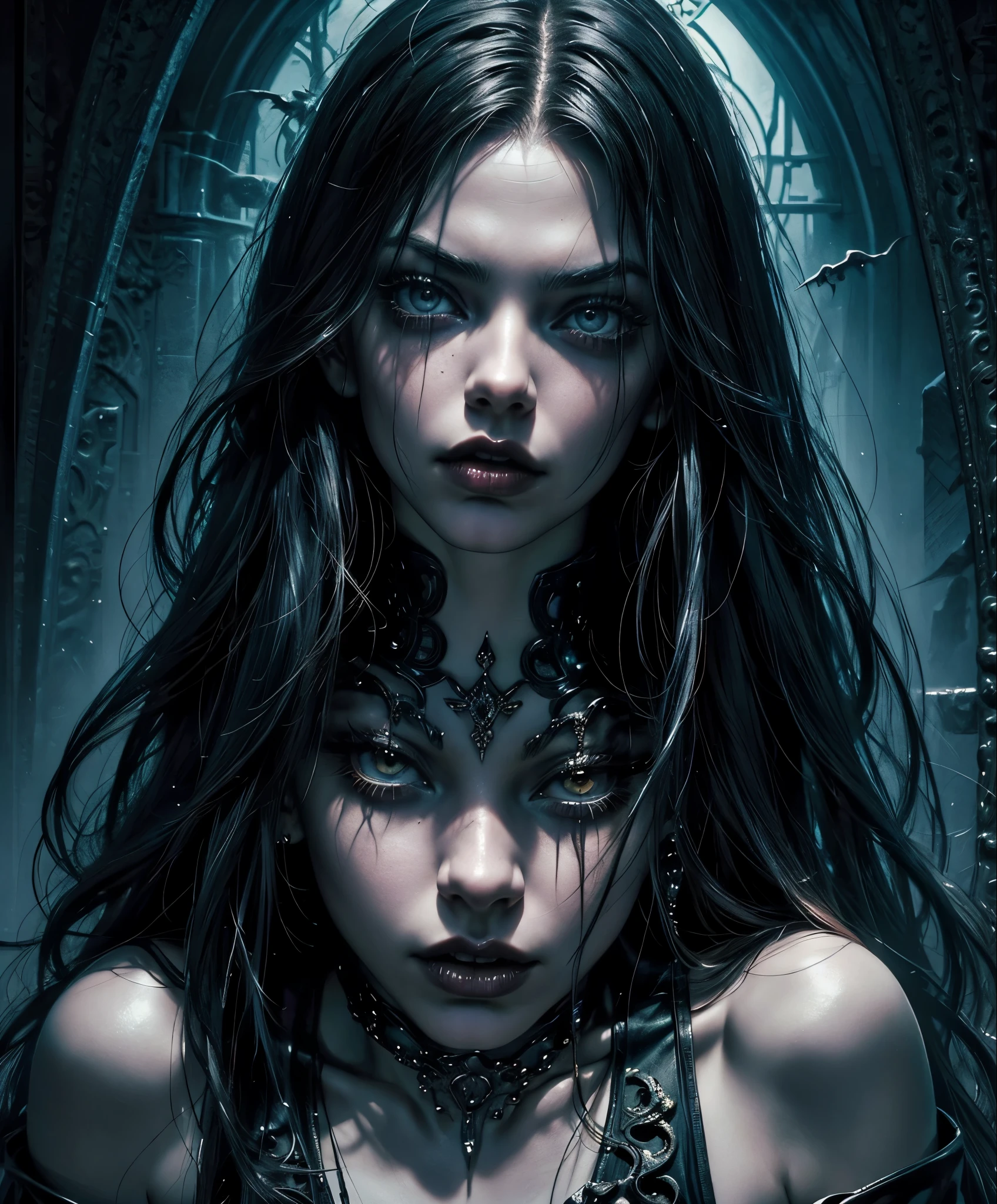 A hauntingly beautiful woman clad in latex sits in front of an awe-inspiring painting, her intense gaze locked with the viewers'. This portrait, reminiscent of the enigmatic works of renowned artist David LaChapelle, has clinched the coveted title of a CG Society contest winner. The gothic art style envelops the scene, the air heavy with gothic horror vibes, leaving an unforgettable chill. In the background, Samara Weaving, with her vampire-like countenance, assumes a creepy pose. Her sinister expression and the ominous atmosphere add to the unsettling ambiance. Karol Gajda