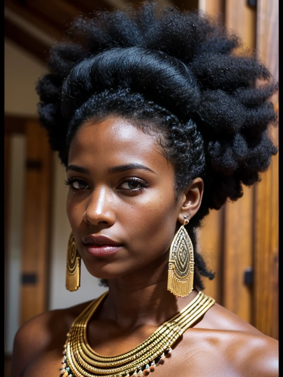 powerful black WARRIOR OF WAKANGA WITH ancestral sacred spear ((CHEVEUX AFRO)) ((BOUCLES OREILLES OR ET BIJOUX))