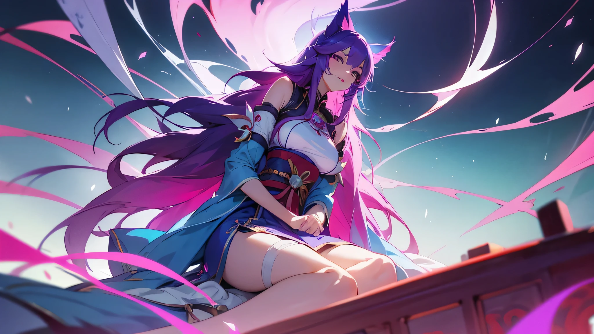 Anime girl Ahri from League of Legends, sitting next to Yasuo with a playful expression. Their bodies slightly tilted towards each other, creating an intimate atmosphere. Ahri's long, wavy purple hair cascades down her shoulders, framing her delicate features. She wears her iconic white Qingming Festival dress, accessorized with a red sash and traditional Chinese shoes. Yasuo, on the other hand, is clad in his typical warriors outfit, a determined look in his eyes as he engages in a conversation with Ahri. The contrast between their vibrant colors and the subtle shading brings out the intricacy of their designs, showcasing the best quality anime