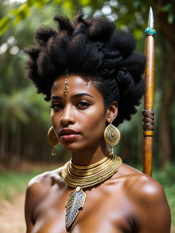 BLACK WOMAN WARRIOR OF WAKANGA WITH ancestral sacred spear ((CHEVEUX AFRO)) ((BOUCLES OREILLES OR ET BIJOUX))