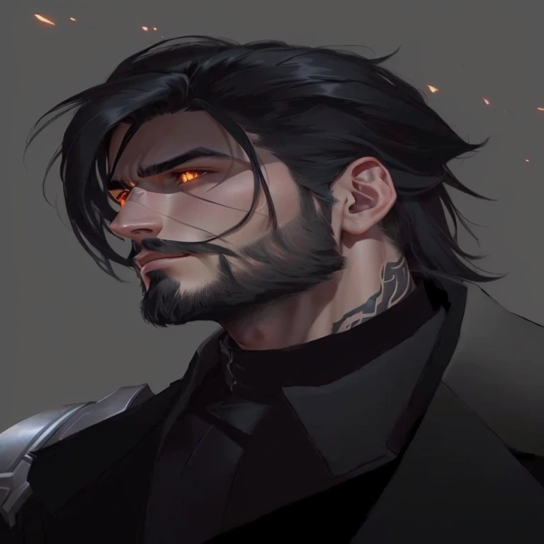 um homem com barba e rosto sem barba e olhos vermelhos carmesim, corvo attano, Silas, wise ( avaliando ), handsome guy in demon slayer art, sombreamento cyberpunk, close da arte do personagem, avaliando character, Caleb from Critical Role, jett from avaliando, Hanzo de Overwatch, omen from avaliando, como um personagem de overwatch