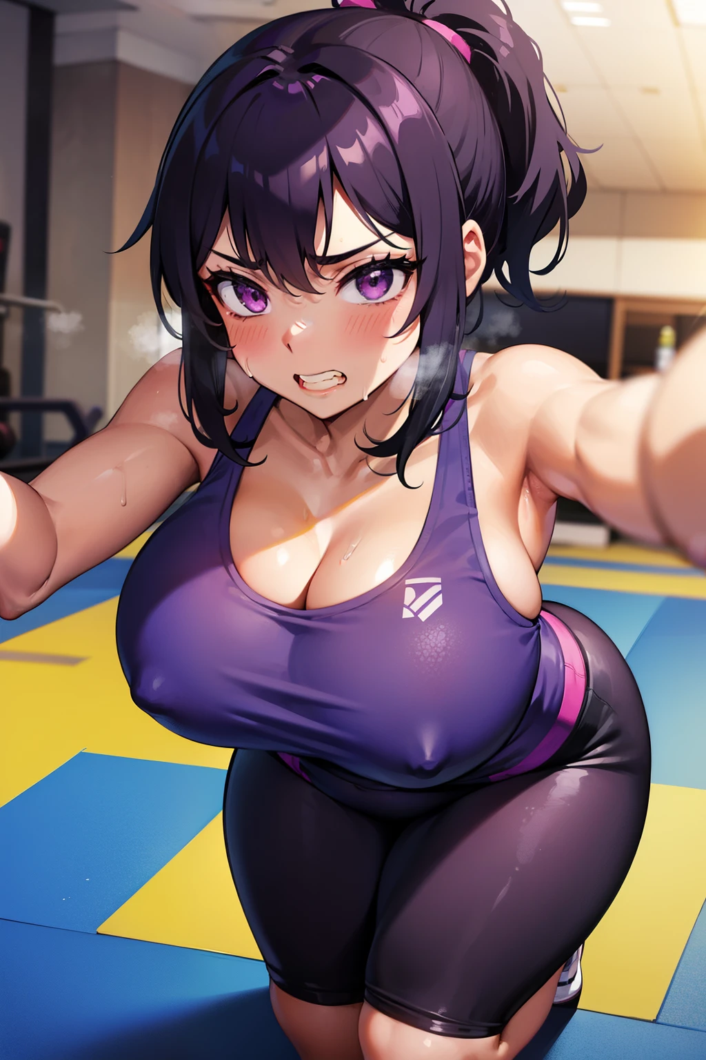 one-girl，gym, inside gym, Exercise while lying on a yoga mat，hot, big , purple clothes, curvy woman, plump Sweated a lot, masive push ups, sweat, steaming body, see thru sfw, tan, black hair, in pain, teeth clenching, clenching teeth, yoga pants, low angle , see thru, purple eyes, inside gym, ponytail 