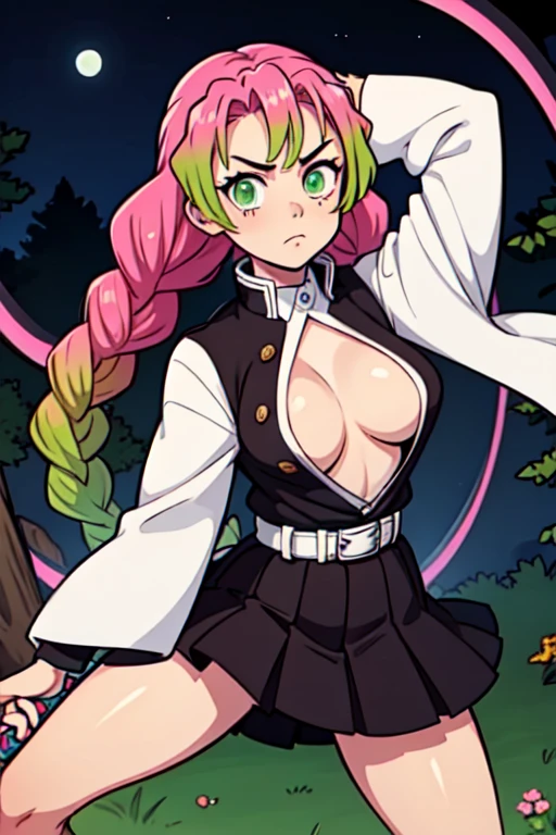 1girl, Mitsuri (demon slayer), beautiful girl, beautiful face, pink hair, green hair, gradient hair, multicolored hair, long hair, bangs, double braids, green eyes, white haori, a black skirt with a silver belt and green striped hips, demon slayer uniform, long sleeve jacket, white haori, black skirt, silver belt, green striped thighs, buxom chested, large_breasts. Holding a katana sword. She's looking directly at the camera with a (fierce, determined, serious) gaze. Her gaze is both alluring and fierce, as she holds the sword with a delicate yet deadly grip. She's swinging the katana sword. (Background: outdoors, night time, simple background, night sky, forest)
