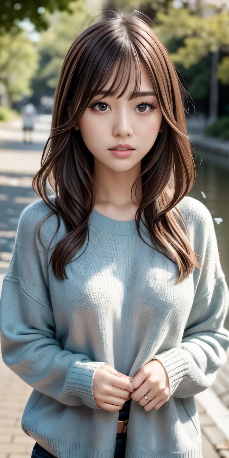 A girl walking along the river, Mix 4, sweater, pillow, lips, Open_mouth, Realistic, photograph_\(Moderate\), alone, Packed_animal, Packed_toy, Teddy_bear,(masterpiece),(photographRealistic:1.3), Very detailed, (Skin with attention to detail:1.2),(highest quality:1.0), (Ultra-high resolution:1.0), (Ulzzang-6500:0.3), Wavy fine hair, Long Hair, sunlight, (Beautiful and detailed makeup), (Sexually excited、Blushing、breathing becomes rough:1.0), Flower Theme Petals Scattered, (Flowers with a soft glow:0.5) 