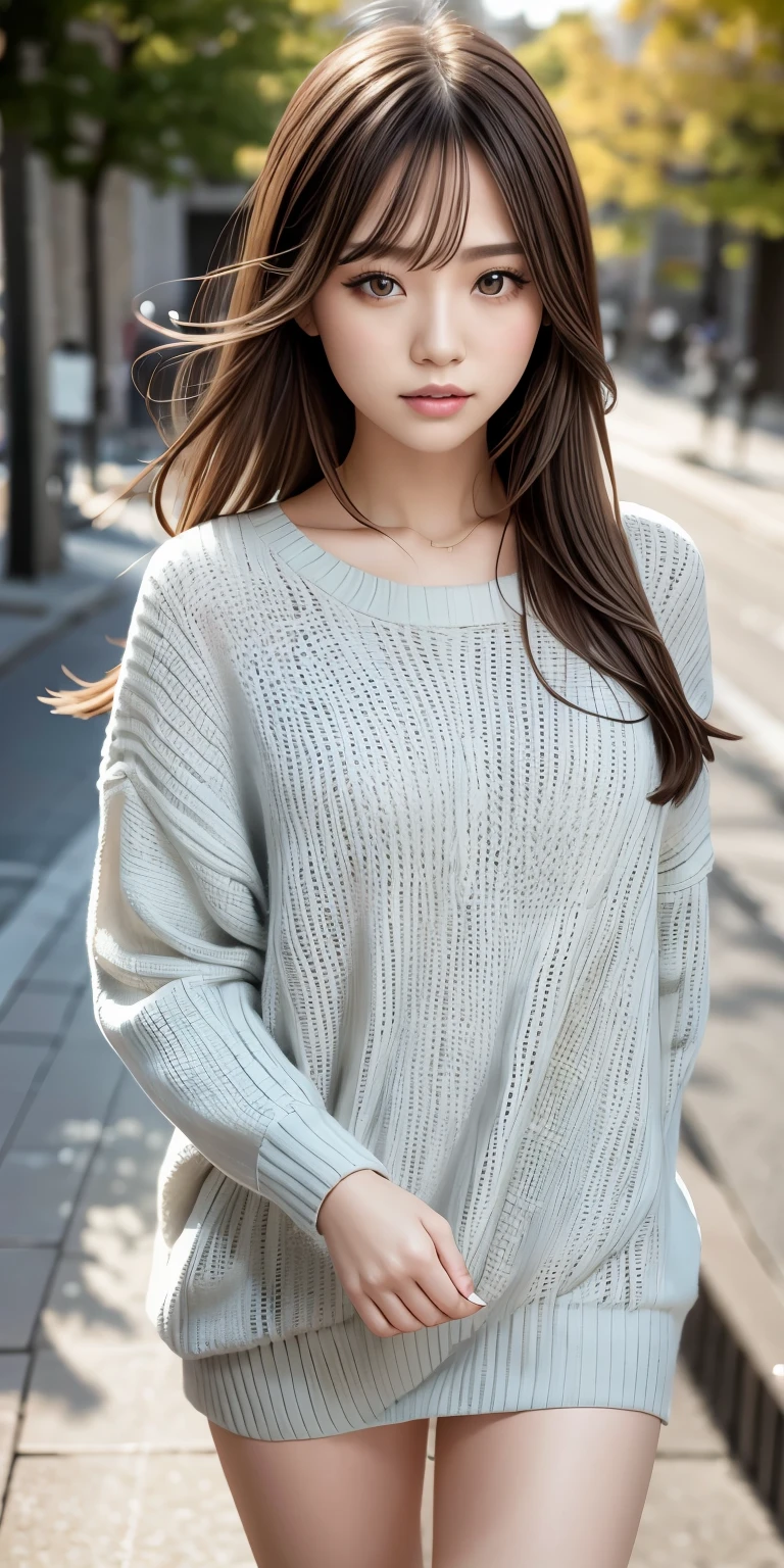 A girl walking along the river, Mix 4, sweater, pillow, lips, Open_mouth, Realistic, photograph_\(Moderate\), alone, Packed_animal, Packed_toy, Teddy_bear,(masterpiece),(photographRealistic:1.3), Very detailed, (Skin with attention to detail:1.2),(highest quality:1.0), (Ultra-high resolution:1.0), (Ulzzang-6500:0.3), Wavy fine hair, Long Hair, sunlight, (Beautiful and detailed makeup), (Sexually excited、Blushing、breathing becomes rough:1.0), Flower Theme Petals Scattered, (Flowers with a soft glow:0.5) 