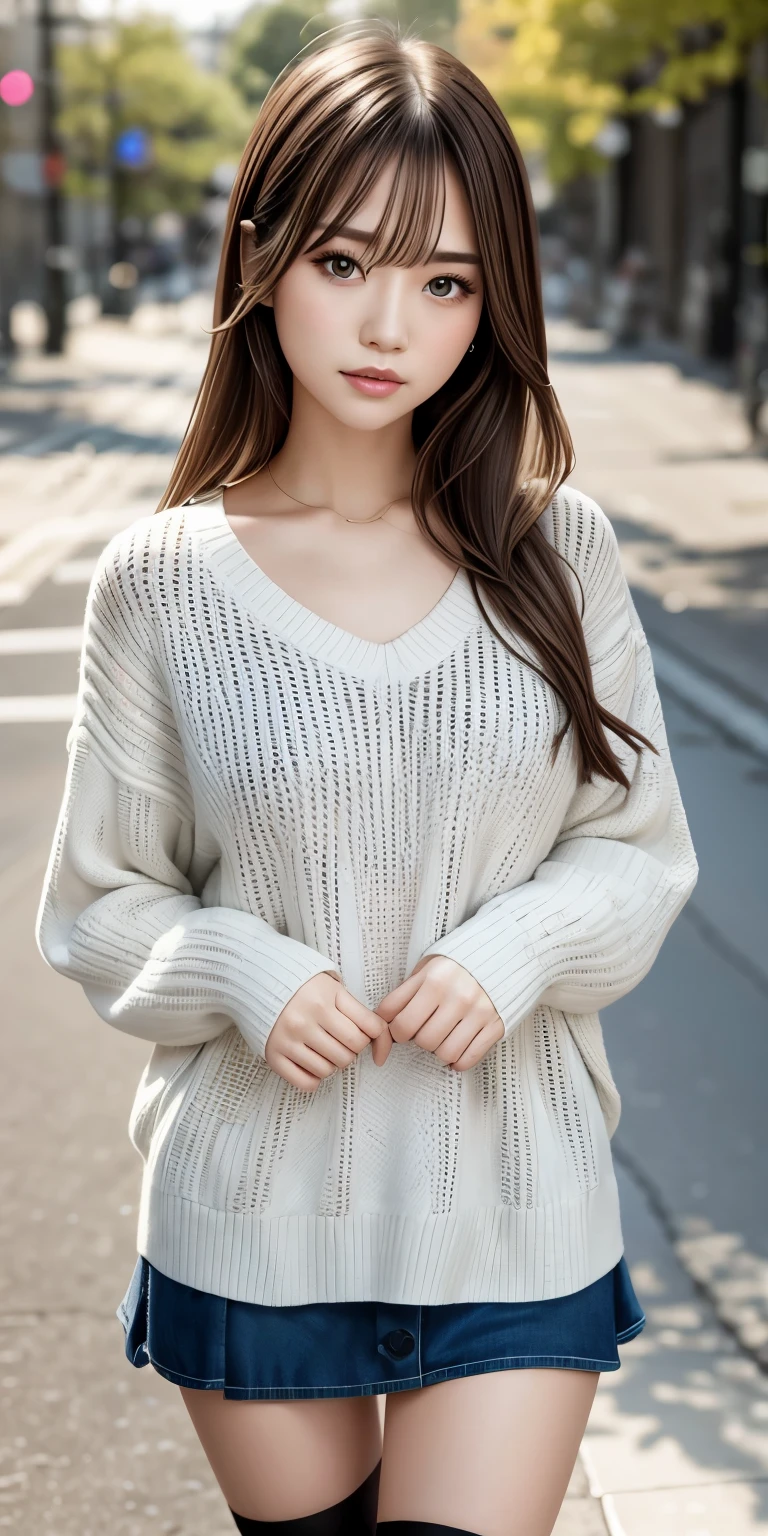 A girl walking along the river, Mix 4, sweater, pillow, lips, Open_mouth, Realistic, photograph_\(Moderate\), alone, Packed_animal, Packed_toy, Teddy_bear,(masterpiece),(photographRealistic:1.3), Very detailed, (Skin with attention to detail:1.2),(highest quality:1.0), (Ultra-high resolution:1.0), (Ulzzang-6500:0.3), Wavy fine hair, Long Hair, sunlight, (Beautiful and detailed makeup), (Sexually excited、Blushing、breathing becomes rough:1.0), Flower Theme Petals Scattered, (Flowers with a soft glow:0.5) 