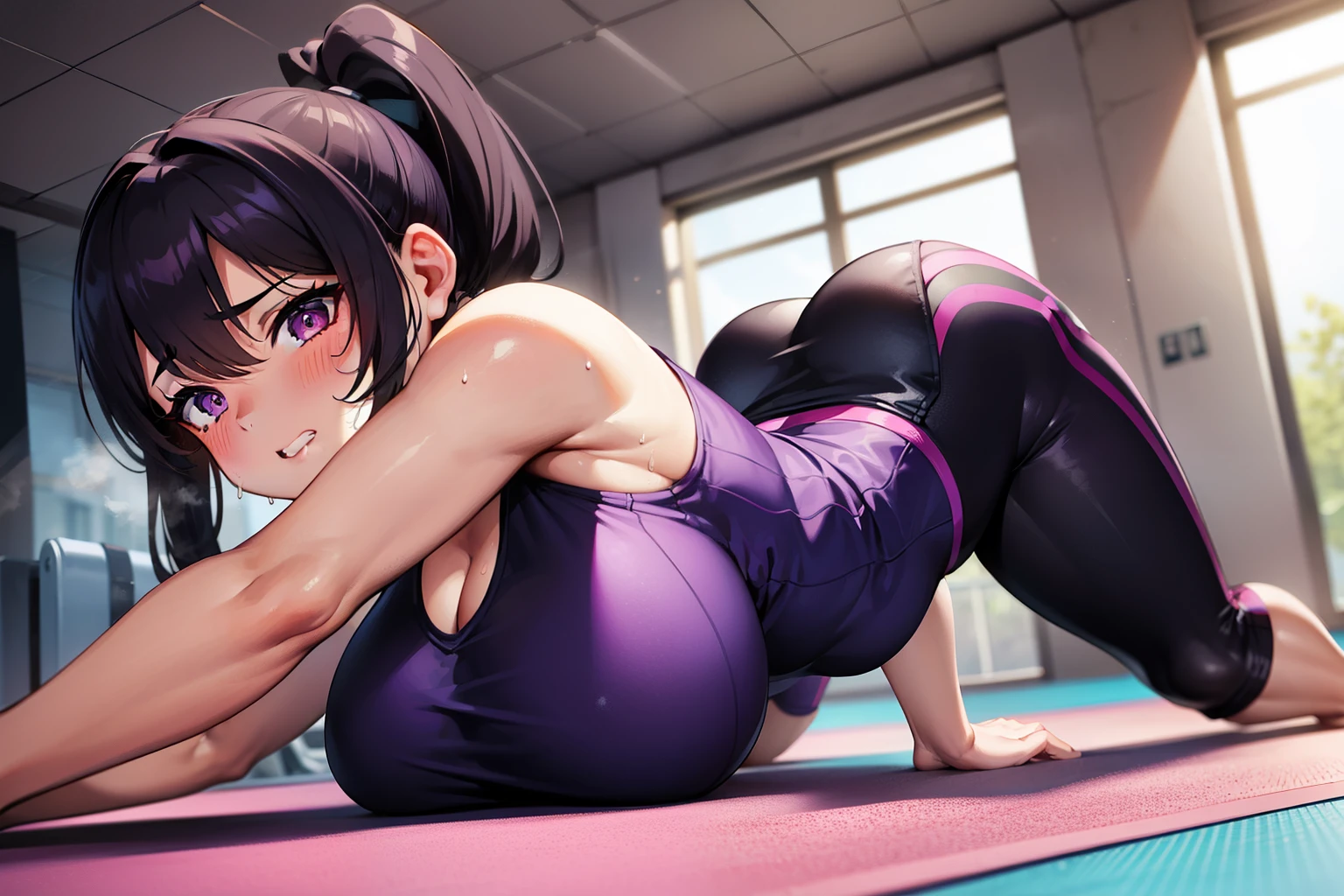 one-girl,gym, inside gym, Exercise while lying on a yoga mat,hot, big , purple clothes, curvy woman, plump Sweated a lot, masive push ups, sweat, steaming body, see thru sfw, tan, black hair, in pain, teeth clenching, clenching teeth, yoga pants, low angle , see thru, purple eyes, inside gym, ponytail