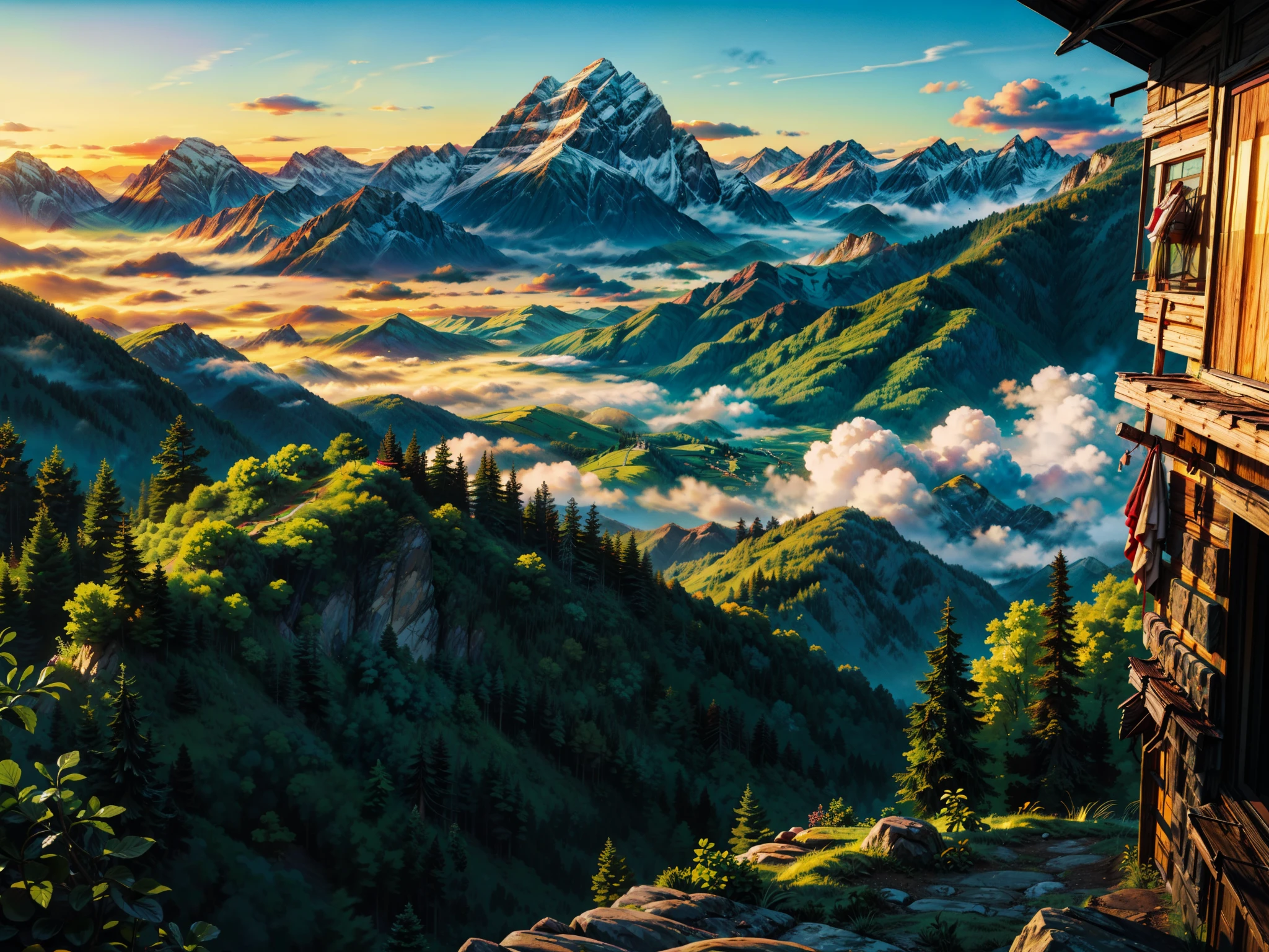 mais alta qualidade,A obra-prima perfeita,Arte perfeita,Obras Oficiais,8k,, melhor qualidade, (obra de arte:1.2), illustration, absurdos, Nestled in the mountains, my cozy little house is surrounded by rolling clouds and vibrant greenery. From my window, I watch as the clouds drift lazily across the sky, casting shadows over the landscape below. The fresh mountain air fills my lungs, bringing a sense of peace and tranquility to my soul. Surrounded by the beauty of nature, I feel at home, far away from the hustle and bustle of city life. In this serene haven, every moment is a reminder of the simple joys and breathtaking beauty of mountain living.
