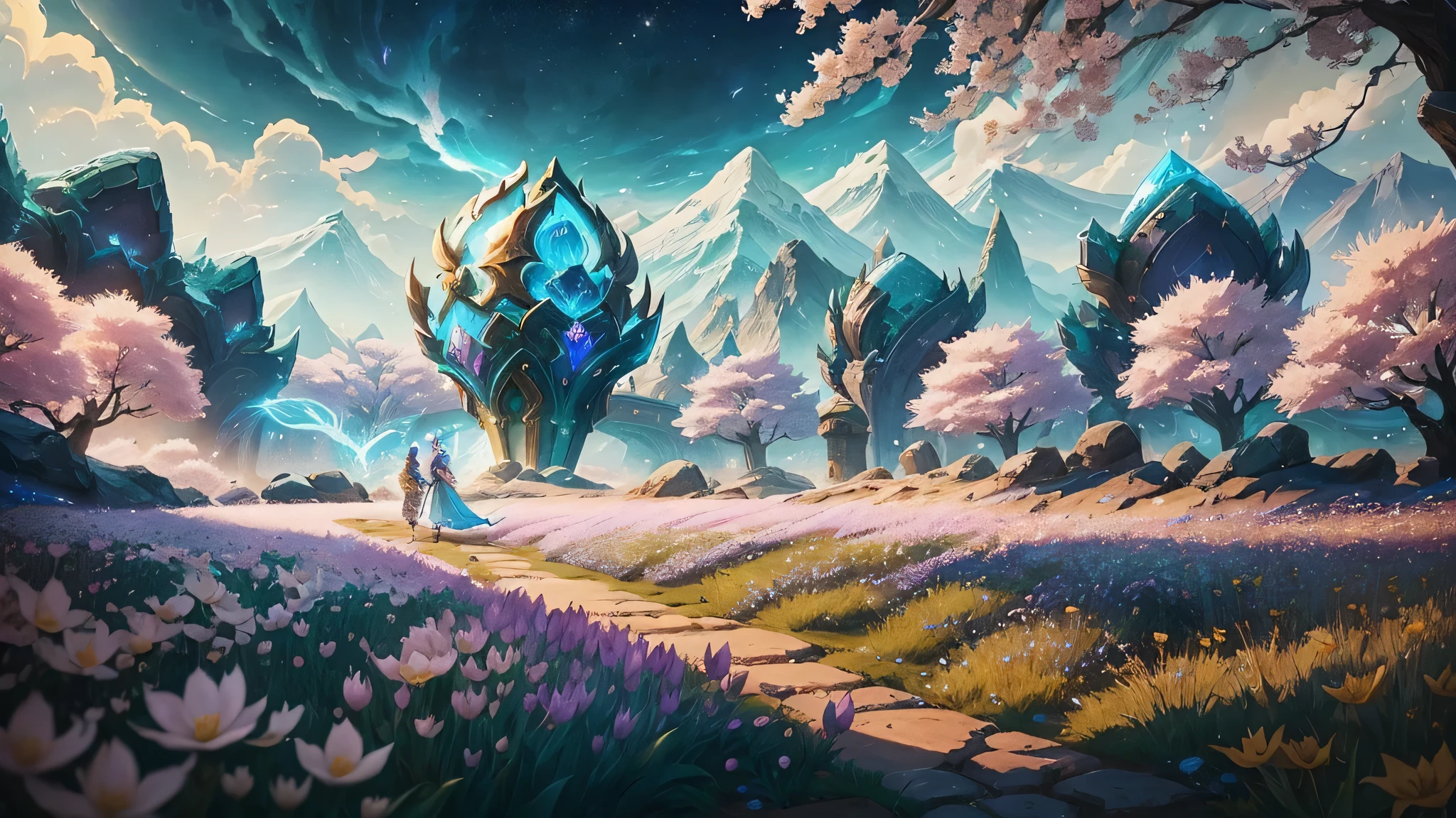 In the universe of League of Legends, Riven was gazing at Yasuo, lost in love in a field of exquisite flowers. The atmosphere was filled with a radiant and enchanting aura, evocative of the rejuvenating energy that emanated from the vibrant hues of the blossoms. The petals of the flowers danced gently in the breeze, shimmering with an ethereal glow, casting an enchanting light upon the landscape. Riven's heart had been captured by Yasuo's charm, and they both shared an unspoken connection, reflected in the tenderness of their expressions. Intricately detailed renderings of the League