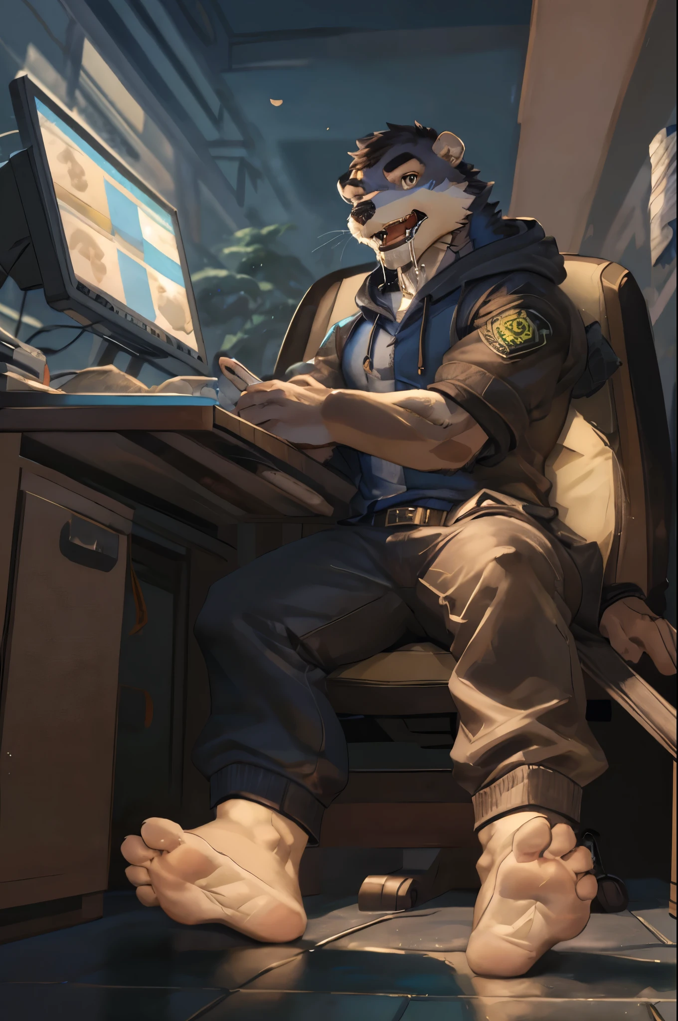 (((Barefoot furry character, full body, cinematic setting, furry male, plantigrade, wearing anklets))), computer lab scene with a tech-savvy otter teacher wearing a hoodie and glasses, sitting at a computer desk surrounded by monitors and circuit boards, long brown pants, nice feet paws, (((showing soles to the viewer))), BREAK, detailed background, 8K, (masterpiece:1.5), intricate details, highly detailed, extreme detail, octane render, fine art, best quality, highres, (detailed face:1.5), ((full_body)), UHD, (((perfect hands))), low light, (((green glow in eyes, open mouth, drooling, deeply hypnotised)))
