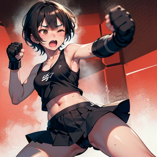 Cute Japanese high school girl with short cut, dark hair, drenched in sweat. Mixed martial arts gym. One eye tightly closed, fired up, screaming, a fist out as hard as she can. Out of breath, tank top, leggings, open finger gloves. Small breasts, poor belly, slender body, poor body.