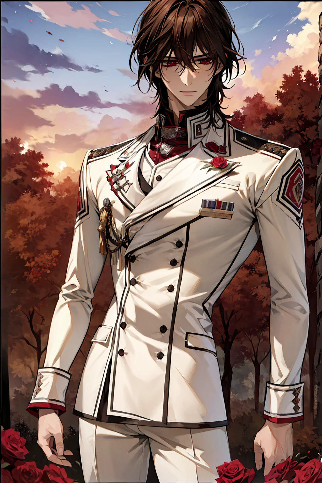 (absurdres, highres, ultra detailed, HDR), masterpiece, best quality, Kuran Kaname, 1man, solo, handsome, brown hair, vibrant red eyes, finely eye and detailed face, garden, red roses, petals, white uniform 