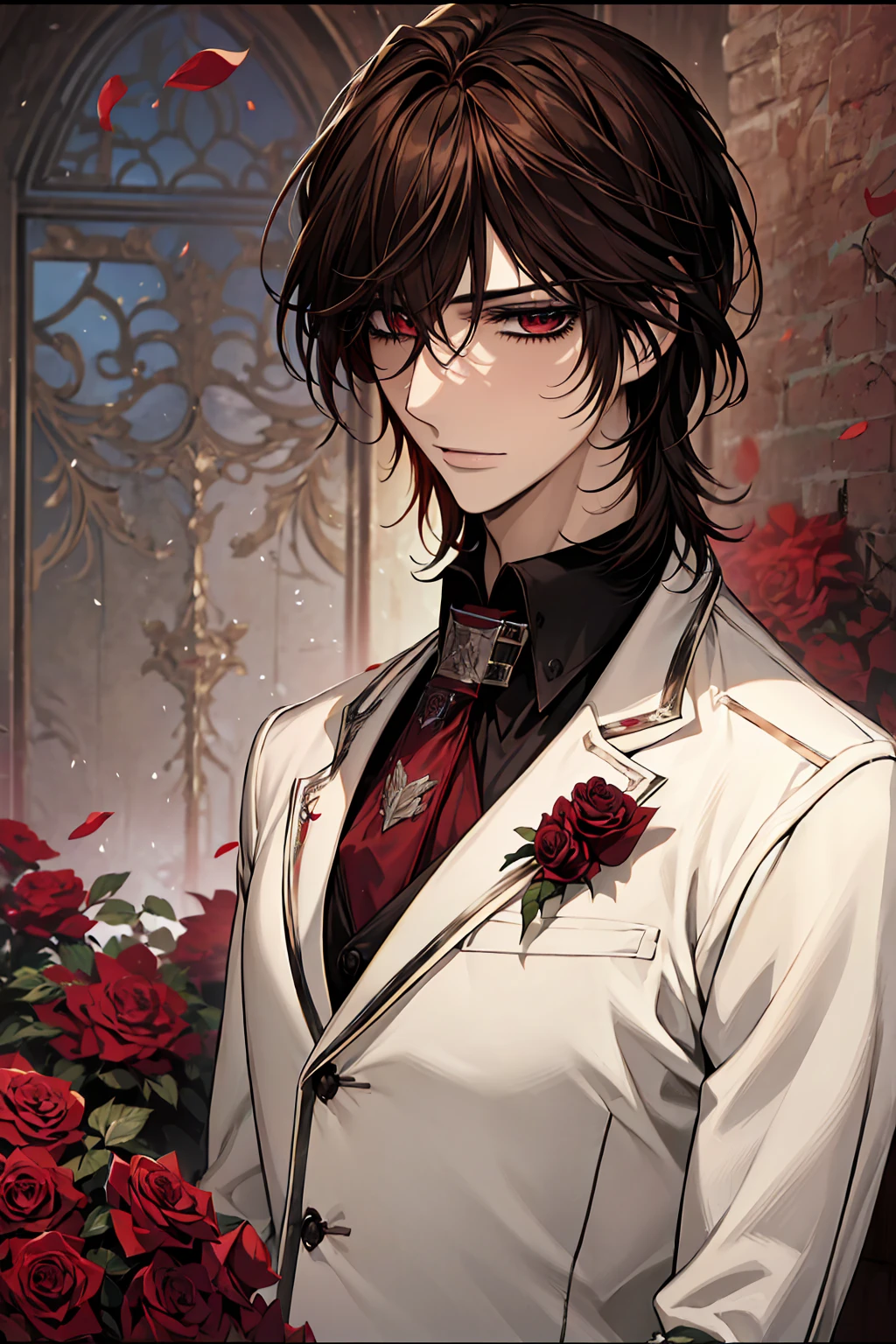 (absurdres, highres, ultra detailed, HDR), masterpiece, best quality, Kuran Kaname, 1man, solo, handsome, brown hair, vibrant red eyes, finely eye and detailed face, garden, red roses, petals, white uniform 