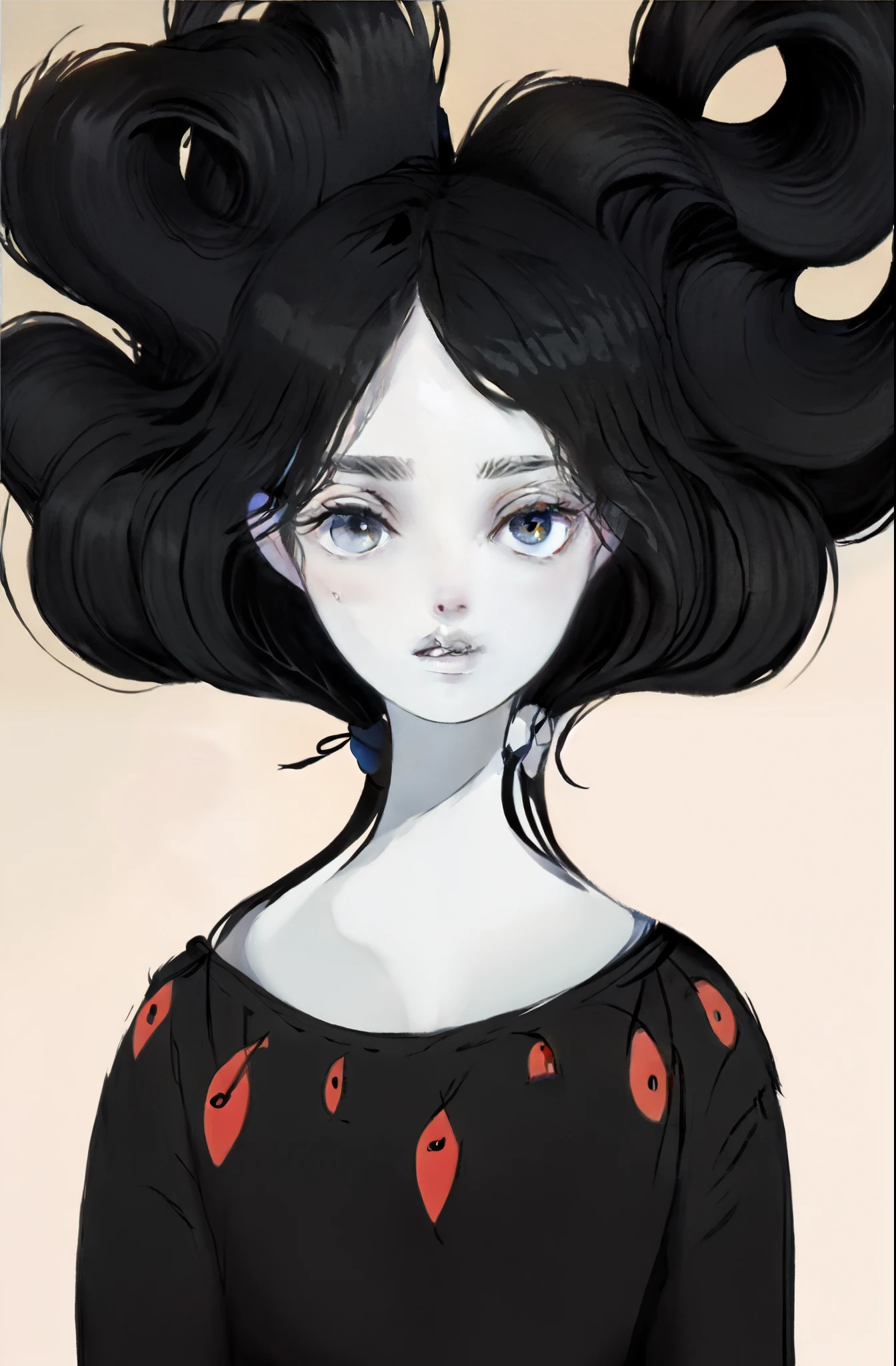 1girl, alone, illustration, long black hair, looking at the viwer, black lips, fundo cinza, fundo simples, olhos castanhos, boca fechada, black lips, half body portrait of MarcelineWaifu