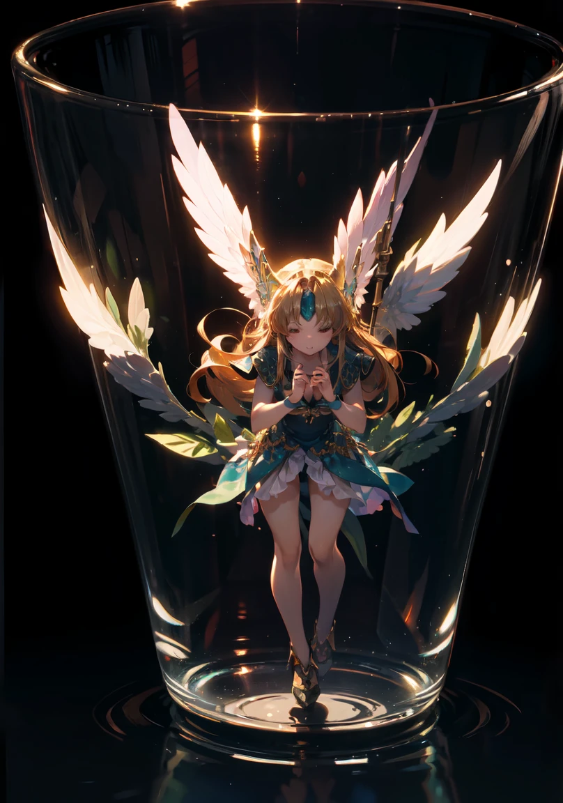 The solution is filled into a transparent single-serving glass capsule.、Characters are stored in single-person glass capsules with their eyes closed.、Upright posture、Floating Feeling、full body、Great lighting, ((masterpiece)), highest quality, Beautiful art, Photorealism