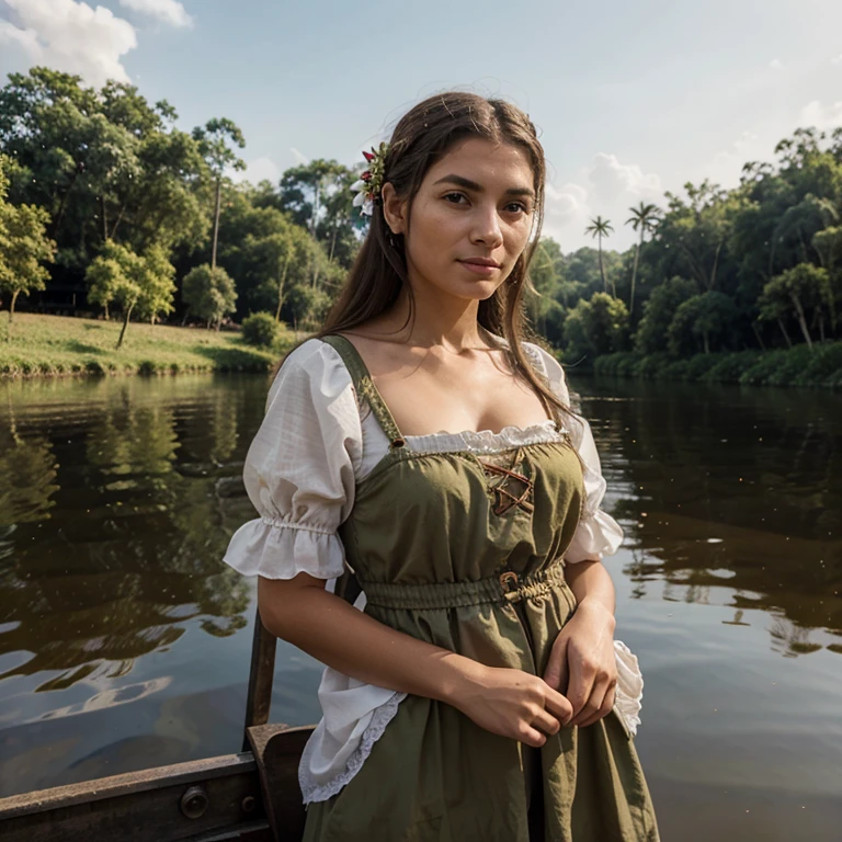 European peasant woman with typical European costumes in a setting on the Amazon River