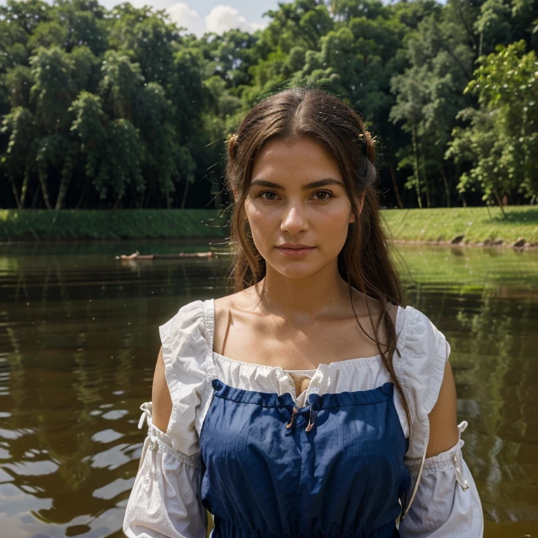 European peasant woman with typical European costumes in a setting on the Amazon River