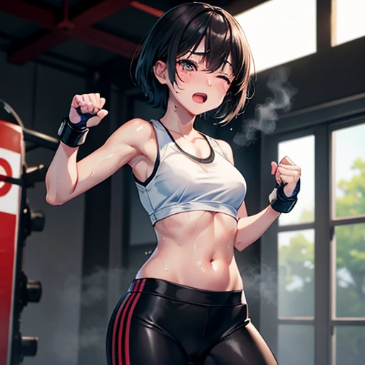 Cute Japanese high school girl with short cut, dark hair, drenched in sweat. Mixed martial arts gym. One eye tightly closed, fired up, screaming, a fist out as hard as she can. Out of breath, tank top, leggings, open finger gloves. Small breasts, poor belly, slender body, poor body.