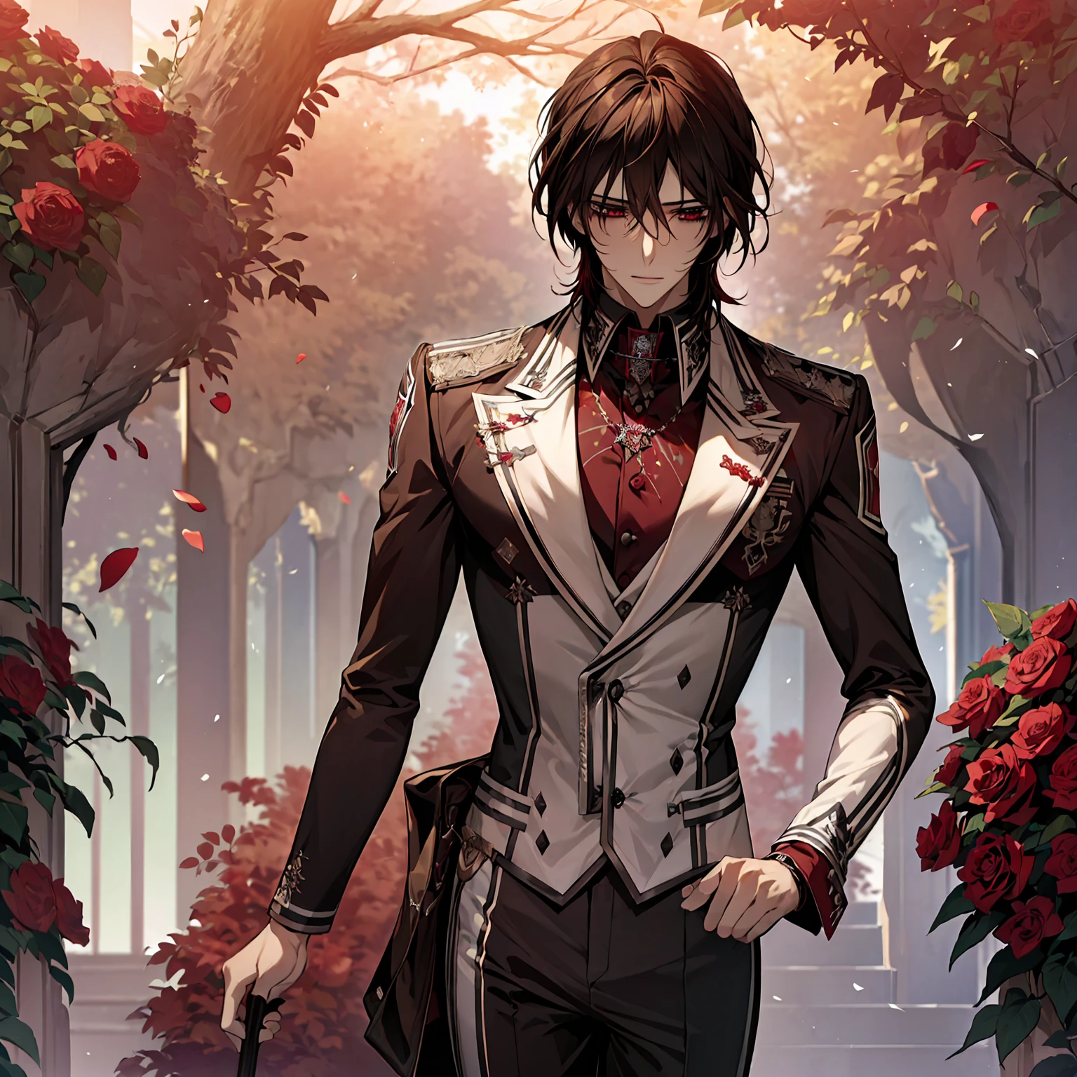 (absurdres, highres, ultra detailed, HDR), masterpiece, best quality, Kuran Kaname, 1man, solo, handsome, brown hair, vibrant red eyes, finely eye and detailed face, garden, red roses, petals, white uniform