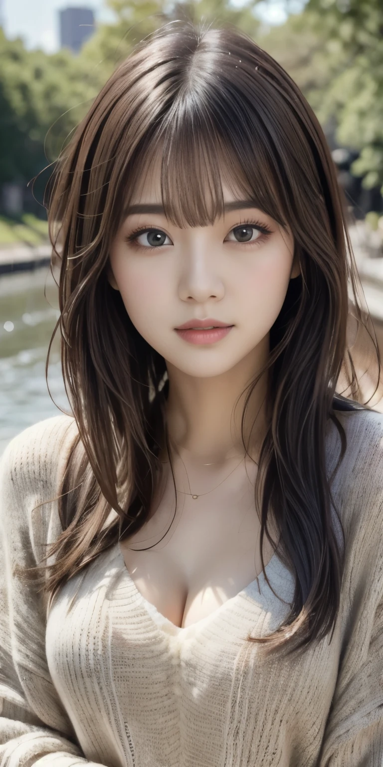 A girl walking along the river, Mix 4, sweater, pillow, lips, Open_mouth, Realistic, photograph_\(Moderate\), alone, Packed_animal, Packed_toy, Teddy_bear,(masterpiece),(photographRealistic:1.3), Very detailed, (Skin with attention to detail:1.2),(highest quality:1.0), (Ultra-high resolution:1.0), (Ulzzang-6500:0.3), Wavy fine hair, Long Hair, sunlight, (Beautiful and detailed makeup), (Sexually excited、Blushing、breathing becomes rough:1.0), Flower Theme Petals Scattered, (Flowers with a soft glow:0.5) 