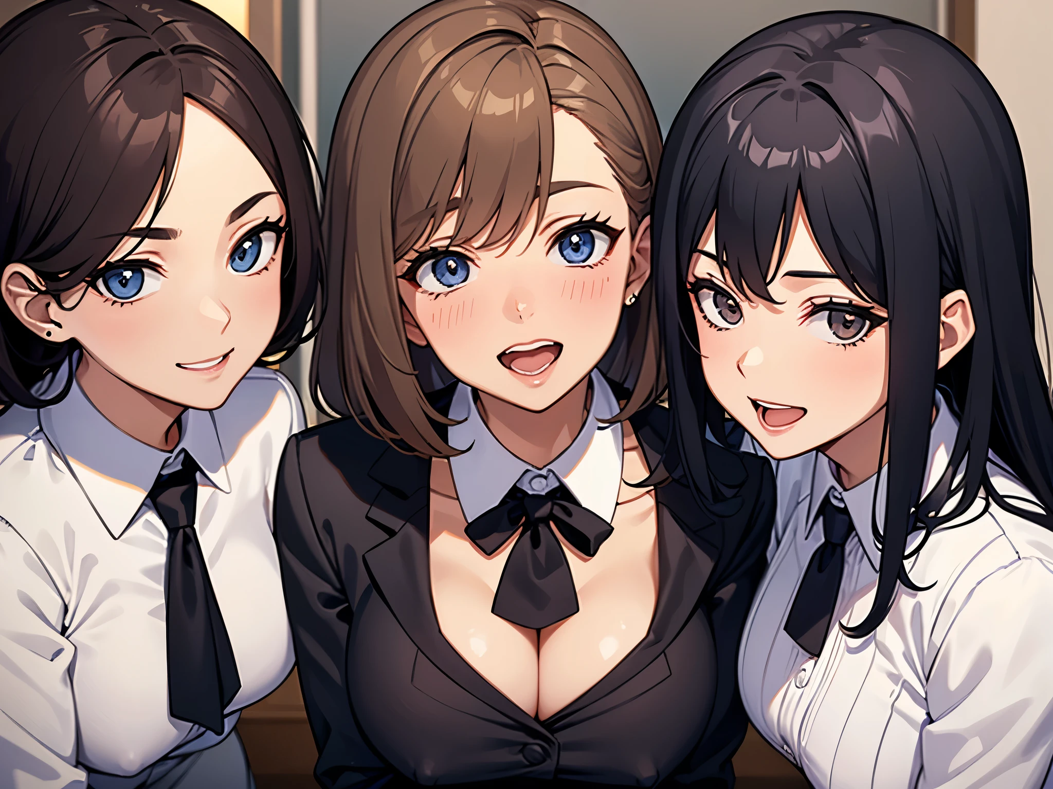 three sexy milfs in office lady outfits, flustered smiles, kneeling, opened mouths yawning, close up to faces portrait