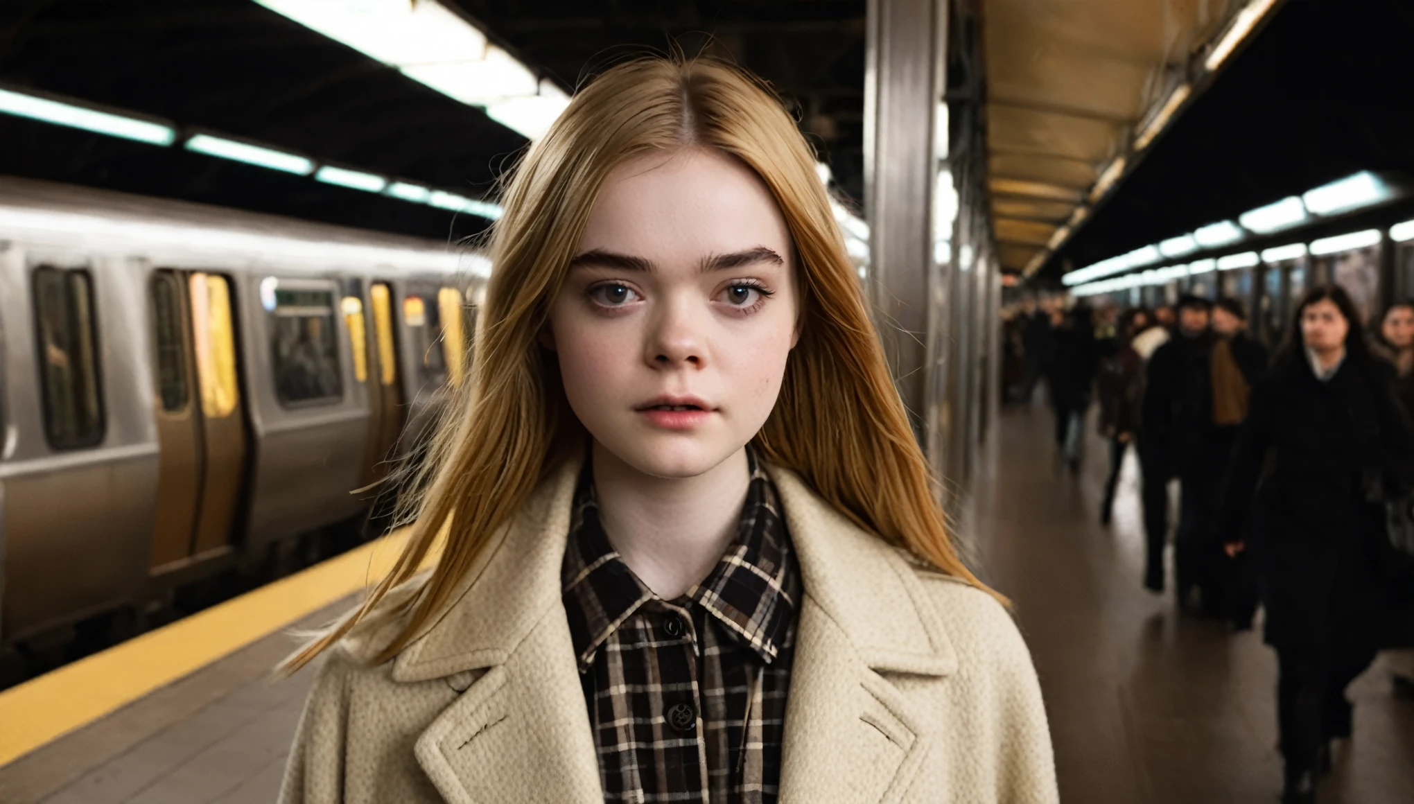 a young woman elle fanning pausing dramatically at what appears to be a subway station. She has an intense and slightly absorbed expression, with eyes wide open and directly engaging the viewer, giving a sense of immediacy and connection. The depth in her gaze, paired with her neatly styled brown hair and subtle makeup, emphasizes a candid moment amidst a bustling environment. She wears a textured coat that adds a touch of warmth and seasonal appropriateness to the scene. The lighting highlights her face and eyes, contrasting with the softer, dimly lit background that hints at the urban setting without stealing focus from her. The overall mood is reflective, underscored by a warm yet muted color palette dominated by browns and soft yellows