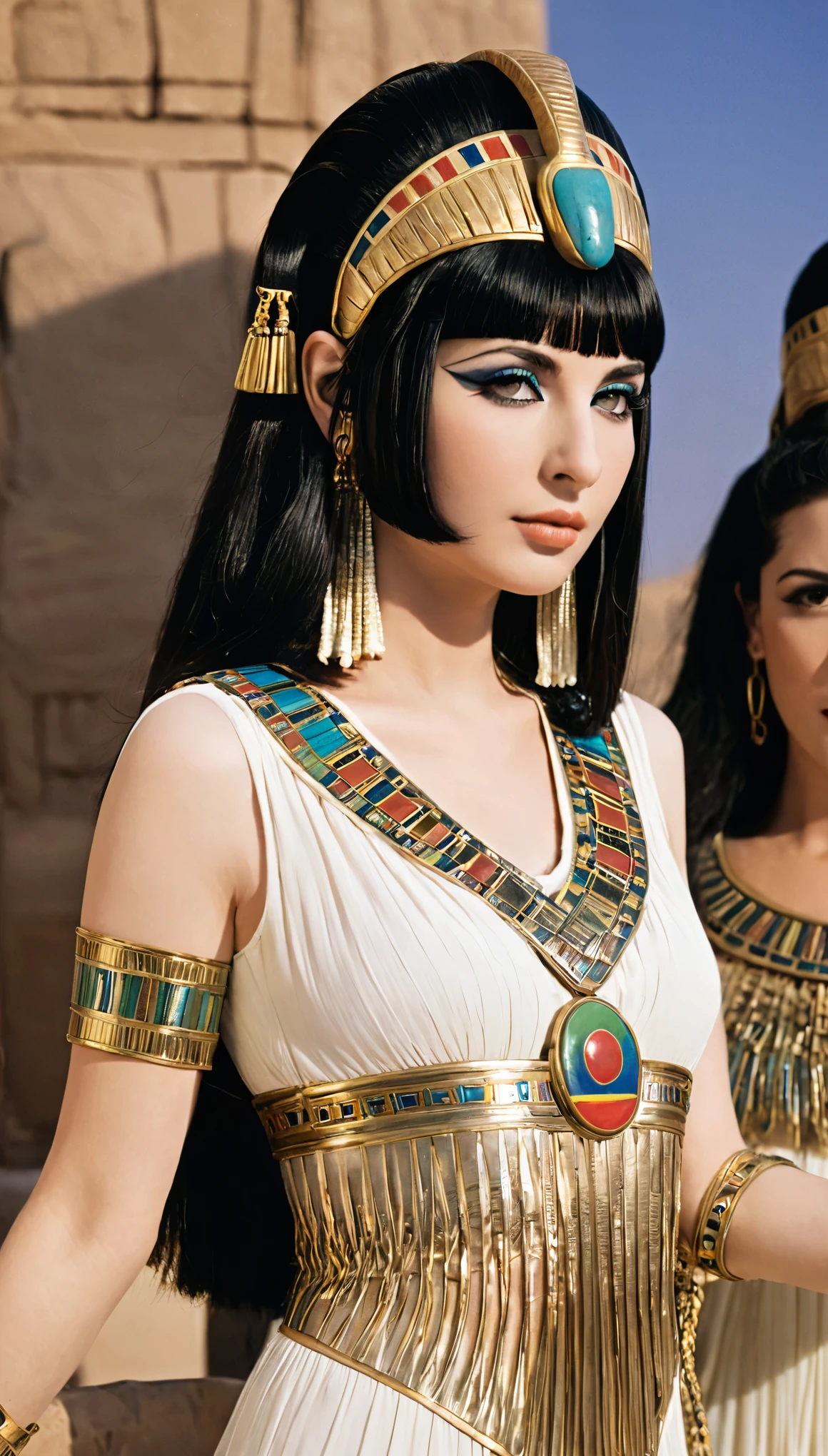 Photos of Cleopatra&#39;s natural skin, short thick black hair, Sharp eyes with blue eyeshadow, Thin and upturned nose, Lip Plumpness, Hourglass figure, Typical clothing, and cosmetics, Intricate details, Energetic, epic, Smooth, Movie, 4K, Backlight, Fantasy Desert Background, and shallow depth of field.