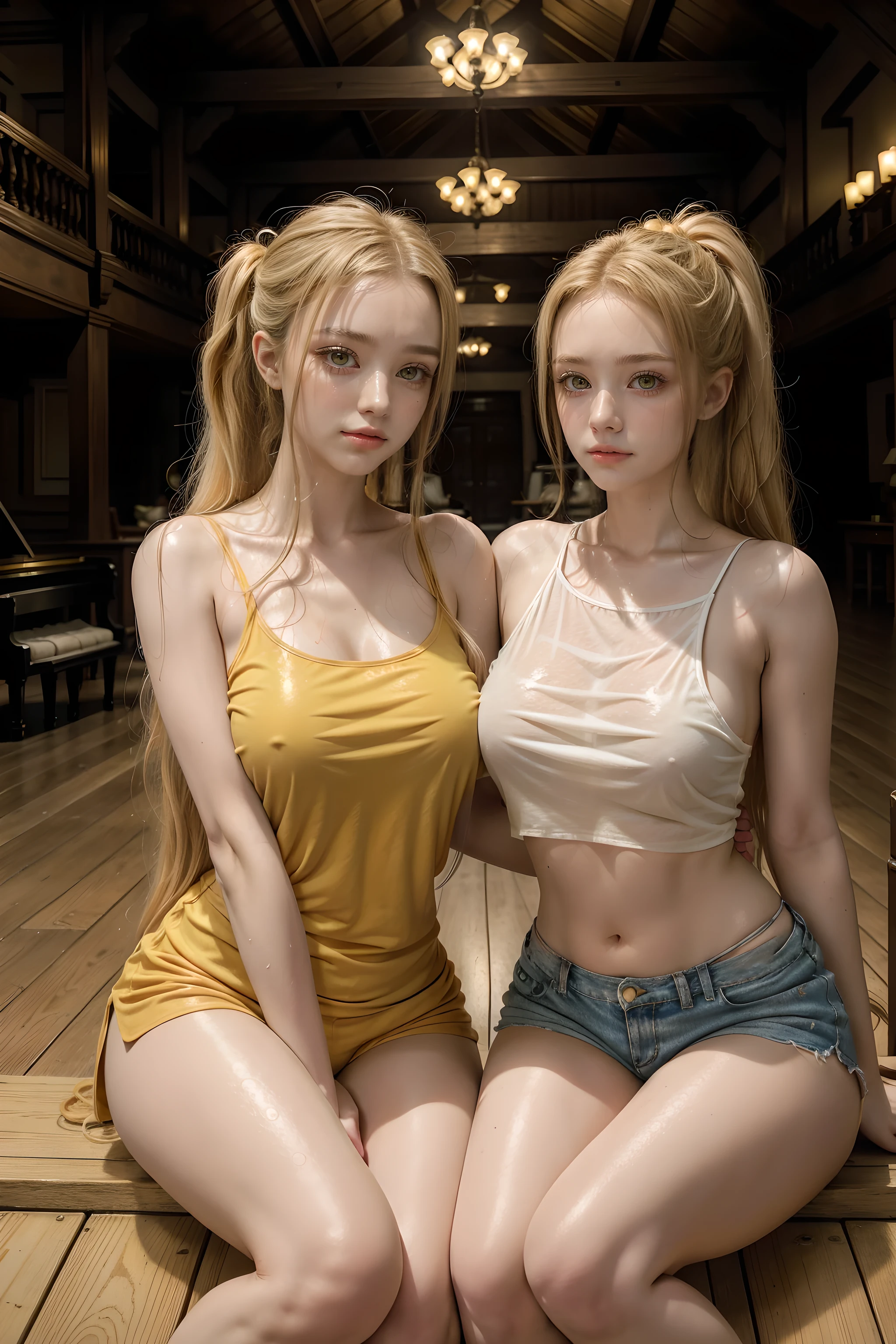 2 blonde Girls, Beautiful, Baby symmetric Face, ,,enormous Breasts ,((neglected )),,((wearing microshorts and wet t-shirt)) offering themselves for you in a grand hall sitting near a grand piano, long blonde curly and wavy golden Hair tied in a ponytail, adorable masterpiece ((yellow honey colored eyes)) , seductive legs very thick hourglass figure body, closeup view , soft dark ambient lights,looking at viewer