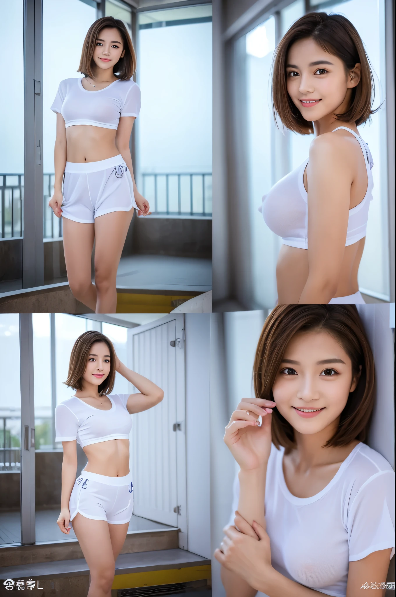 8K,,Brown short hair,Smiling female high school student,Super Beauty(Like the real thing),Sporty summer clothes,Shorts,masterpiece,Flexible physical ability,Put your chest close,Perfect Anatomy,charm,Volume measurement,Body balance,Digital single-lens reflex camera, Soft lighting, Detailed Background, Written boundary depth, Volumetric lighting, Sharp focus, Absurd, Realistic proportions, Excellent anatomy, (Realistic, 超Realistic:1.4), 16K HDR, dawn,A High Resolution,super Realistic 肌,Super beautiful expression,Fantasy art,Character Art,Wind effects:1.9、Cloud Effect:1.2、Full Rendering、Professional quality high resolution、Perfect contrast、Perfect lighting、Perfect composition、Perfect Skin、Perfect Fingers、Perfect breasts、Perfect Hair、Perfect Face、Realistic facial features,super highest quality,Slim figure,Perfect body line,Perfect hand shape,Anatomical body balance,Highly detailed face,Highly detailed eyes,Beautiful Lips,Excellent light particles,Cinema Lighting,Makeup,Ultra-high resolution,Ultra-Realistic Skin,Makeup,Dynamic pose,