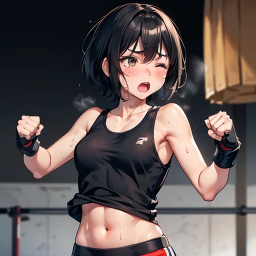 Cute Japanese high school girl with short cut, dark hair, drenched in sweat. Mixed martial arts gym. One eye tightly closed, fired up, screaming, punching a sandbag as hard as she can. Out of breath, tank top, leggings, open finger gloves. Small breasts, poor belly, slender body, poor body.