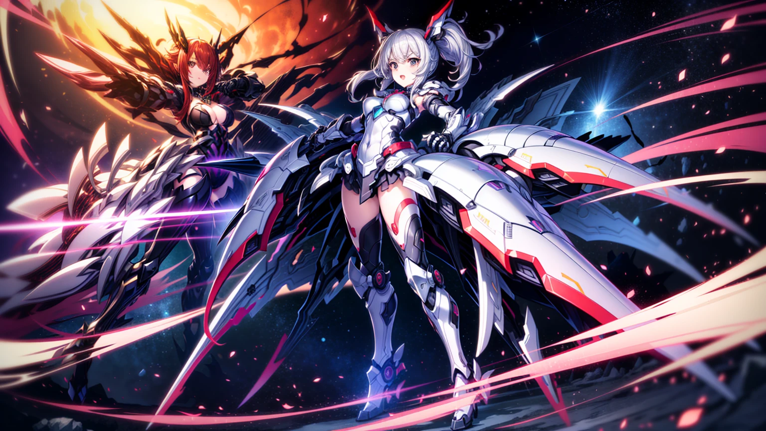 masterpiece, best quality, absurdres, 3 girls (((full body))), standingn, three character, mecha armored girl, a mix of tech and tribal, girls with different hair colors and different mecha armor, ((Metallic Gauntlets and Greaves with Red and Silver Highlights)), space background