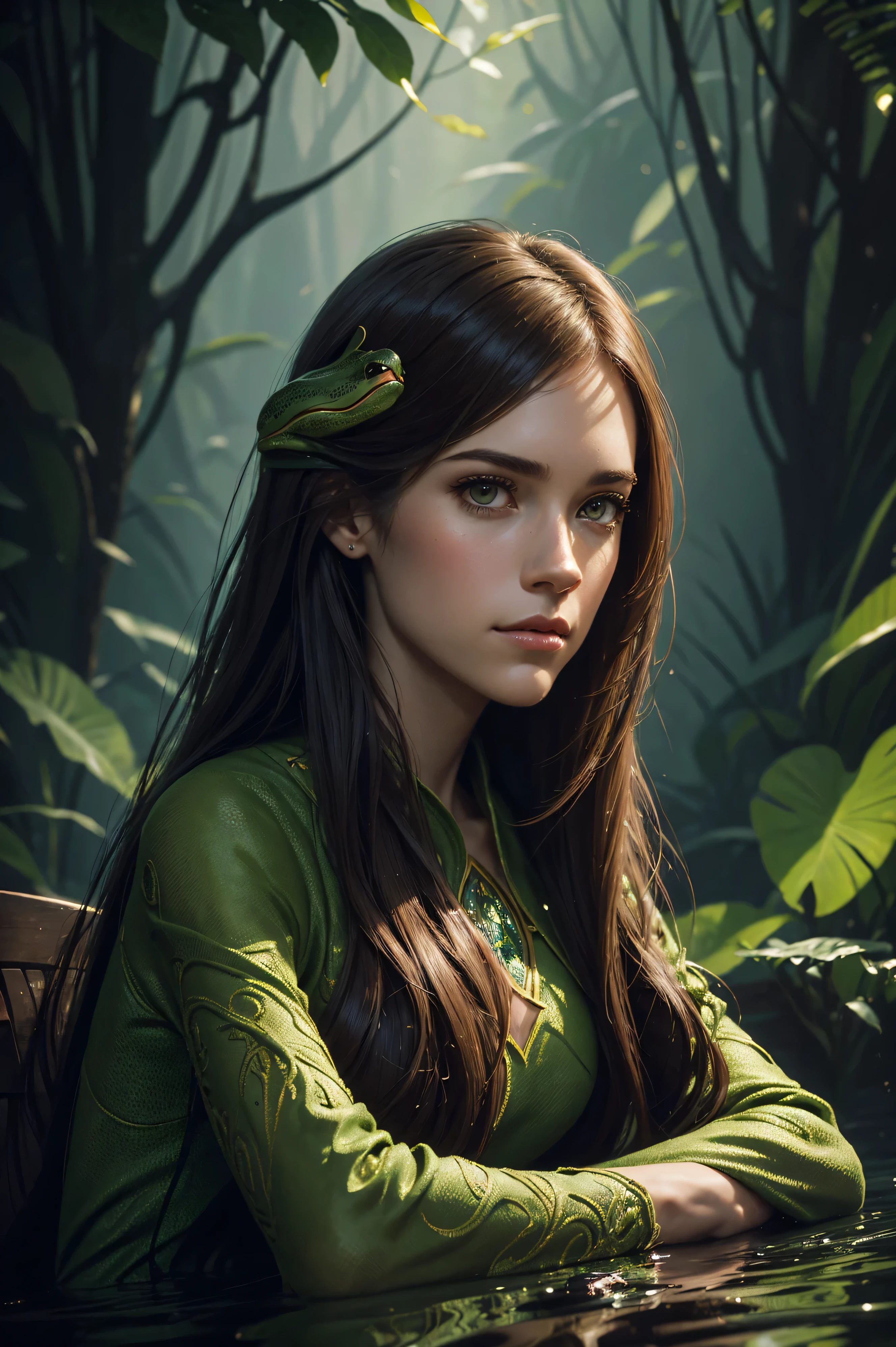 portrait Allison Williams, wearing frog costume, sit against the background of the stream, character portrait, 3 9 9 0 s, long hair, intricate, elegant, highly detailed, digital painting, artstation, concept art, smooth, sharp focus, illustration, art by wlop, charlie bowater and alexandra fomina
