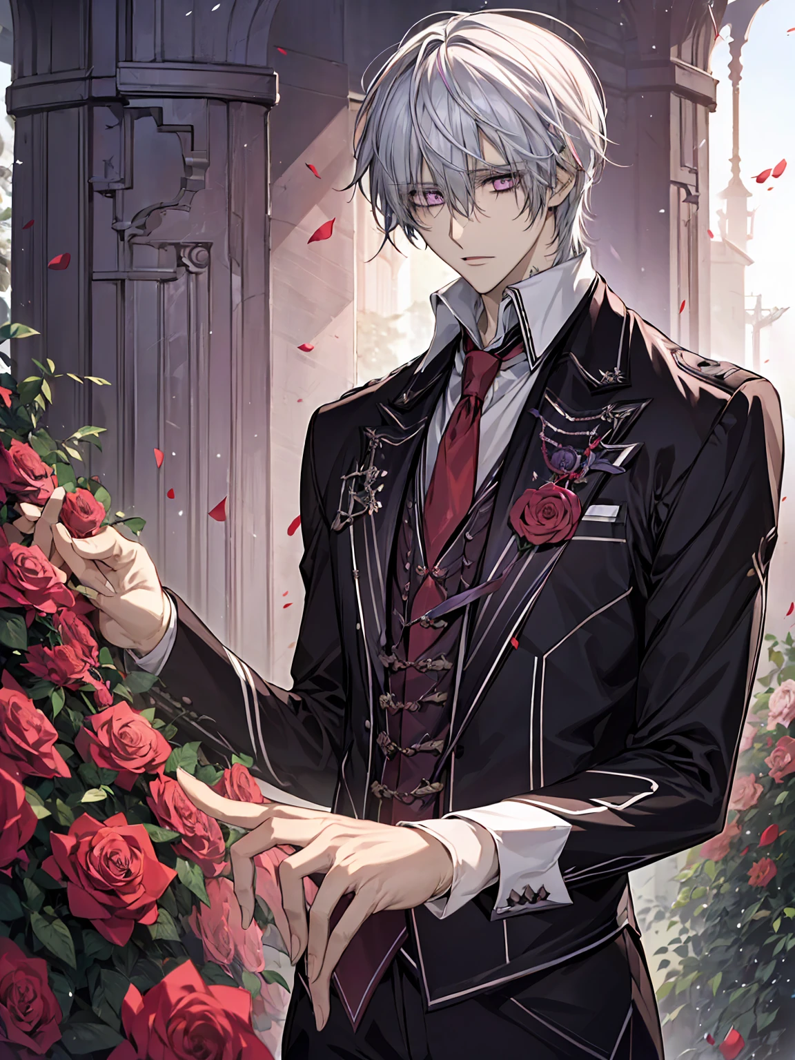 (absurdres, highres, ultra detailed, HDR), masterpiece, best quality, Zero Kiryuu , 1man, solo, handsome, white hair, vibrant purple eyes, finely eye and detailed face, garden, red roses, petals, black uniform, vampire knight 