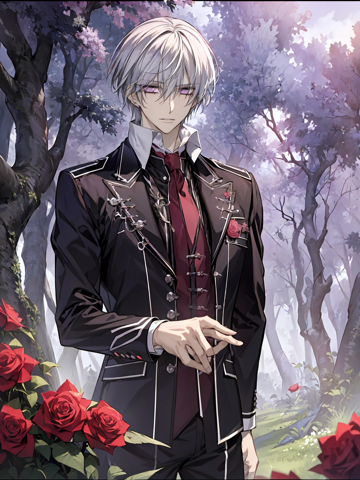 (absurdres, highres, ultra detailed, HDR), masterpiece, best quality, Zero Kiryuu , 1man, solo, handsome, white hair, vibrant purple eyes, finely eye and detailed face, garden, red roses, petals, black uniform, vampire knight 