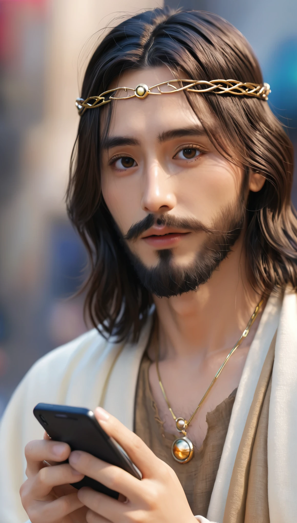 Jesus is holding a mobile phone and broadcasting live, Highly detailed numbers, Anime realism style, 4K , Realistic anime 3D style  