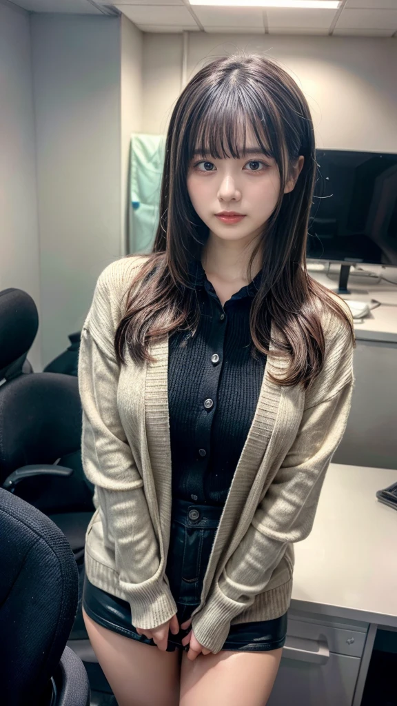 muste piece, best quality, illustration, Super detailed, fine details, High resolution, 8K,wall paper, perfect dynamic composition,(Details High quality, realistic depiction of eyes:1.3), in a office, Detailed Office, open cardigan, a miniskirt, bitch_virgin, straight hair, black hair color, Big Natural Color Lip, perfect body shape, sexy pose, crying a little、cold gaze, Harajuku style、20 year old girl、cute type、ta, hposing Gravure Idol, full body photo、focus on crotch, huge breasts