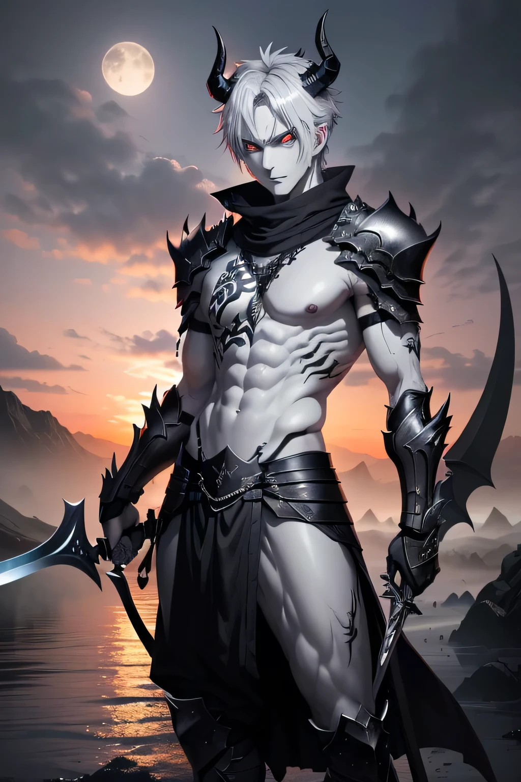 create an anime image of male demon with grey skin, slim, with black wing and black horn wielding one black sword with a good scenery background