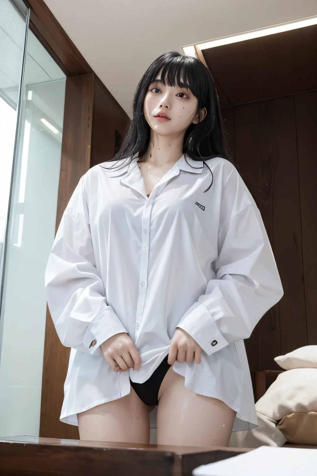 Masterpiece、highest quality、Woman 1、Super detailed、A woman looking up from directly below Black Hair、Long Hair、Blunt bangs wet hair Wet shirt、over size white shirt、Long shirt shirt lift、Swimsuit under shirt Soft thighs ceiling