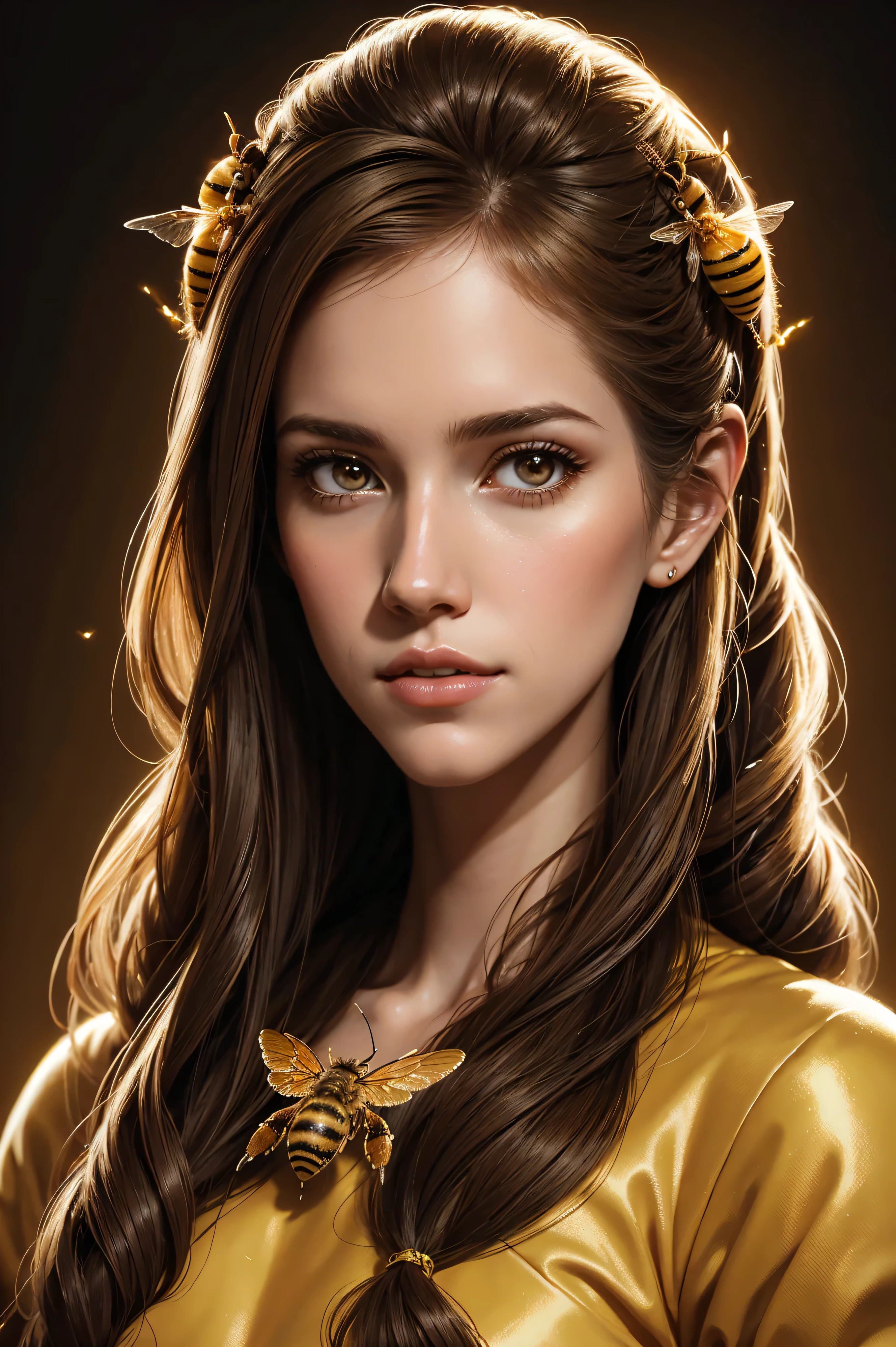 portrait Allison Williams, wearing bee costume, against the background of a beehive, character portrait, 3 9 9 0 s, long hair, intricate, elegant, highly detailed, digital painting, artstation, concept art, smooth, sharp focus, illustration, art by wlop, charlie bowater and alexandra fomina