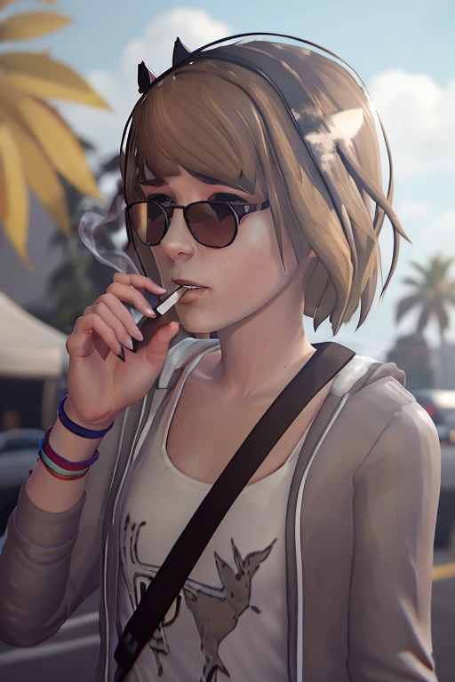 A Mr. Morale & the Big Steppers album cover type photograph shows Maxine Caulfield from Life Is Strange, wearing a white crown of thorns, Gucci square sunglasses, wearing a puffy black dress, she is smoking a cigarette, the background is brown with small hazel clouds, detailed body, detailed clothing, detailed face, natural light.