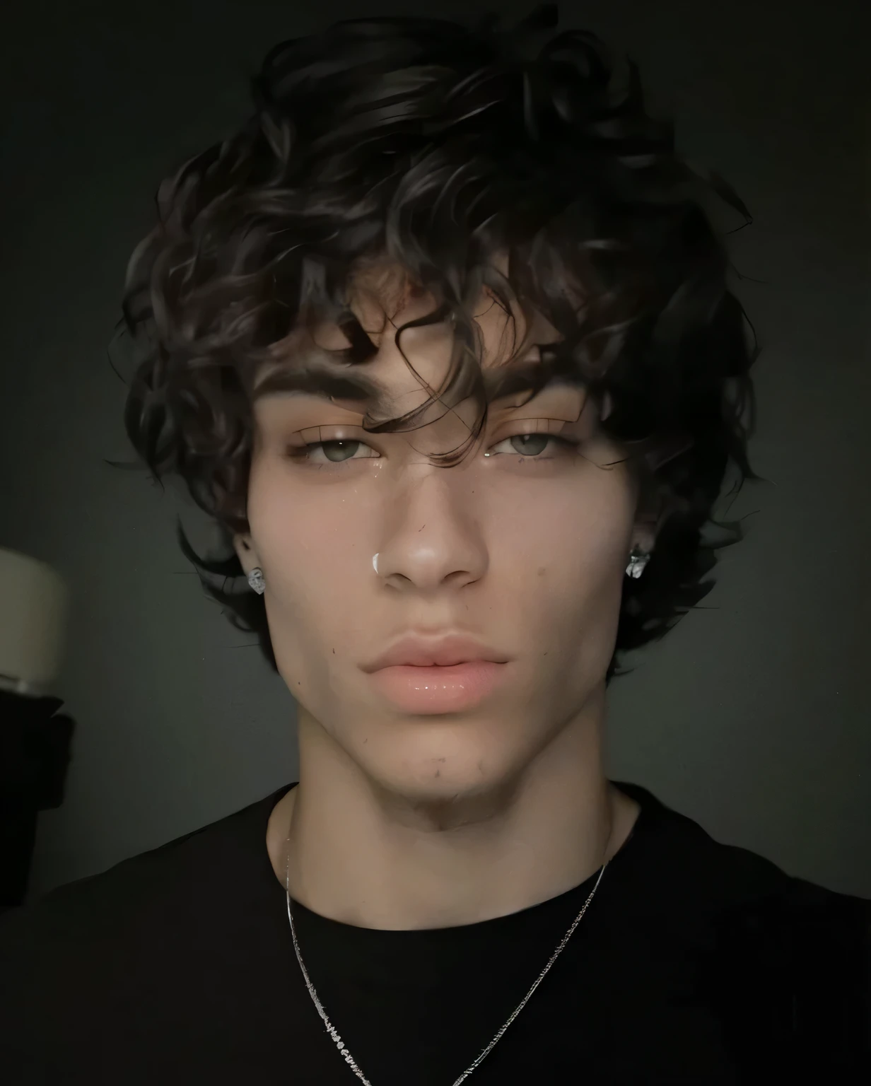 Hombre arafed con una camisa negra y un collar con una calavera., androgynous face, he has short curly brown hair, foto de perfil en la cabeza, tiro en la cabeza de medio cuerpo, androgynous man, androgynous person, taken in the early 2020s, contraction transmitter / jugador ludwig, sin rasgos faciales, cara ancha bien afeitada, sin barba