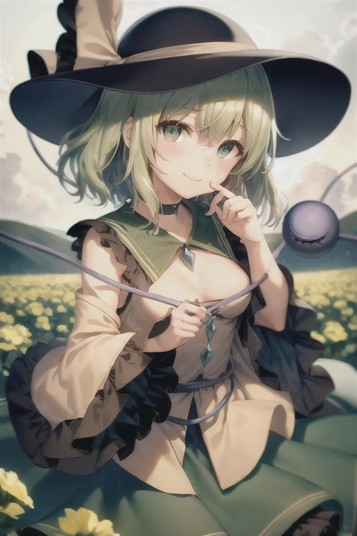 masterpiece, best quality,  1girl, solo, green eyes, komeiji koishi, hat, green hair, flower, blue flower, blue rose, rose, detached sleeves, short hair, bare shoulders, third eye, breasts, bow, smile, petals, dress, from side, medium breasts, looking at viewer, outdoors, black headwear, long sleeves, frills, cloud, wide sleeves, hat bow, closed mouth, choker, alternate costume, sky, black dress, white bow, blush, bangs, hair between eyes, flower field, finger to mouth, frilled sleeves, hand up, field, strapless, eyeball, white skirt, cloudy sky, hat ribbon, ribbon, strapless dress, detached collar, finger to cheek, adapted costume, standing, cowboy shot, upper body