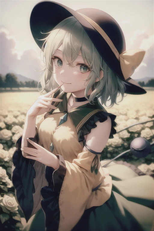 masterpiece, best quality, 1girl, solo, green eyes, komeiji koishi, hat, green hair, flower, blue flower, blue rose, rose, detached sleeves, short hair, bare shoulders, third eye, breasts, bow, smile, petals, dress, from side, medium breasts, looking at viewer, outdoors, black headwear, long sleeves, frills, cloud, wide sleeves, hat bow, closed mouth, choker, alternate costume, sky, black dress, white bow, blush, bangs, hair between eyes, flower field, finger to mouth, frilled sleeves, hand up, field, strapless, eyeball, white skirt, cloudy sky, hat ribbon, ribbon, strapless dress, detached collar, finger to cheek, adapted costume, standing, cowboy shot, upper body