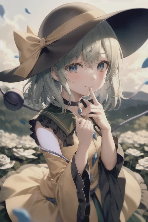 masterpiece, best quality, 1girl, solo, green eyes, komeiji koishi, hat, green hair, flower, blue flower, blue rose, rose, detached sleeves, short hair, bare shoulders, third eye, breasts, bow, smile, petals, dress, from side, medium breasts, looking at viewer, outdoors, black headwear, long sleeves, frills, cloud, wide sleeves, hat bow, closed mouth, choker, alternate costume, sky, black dress, white bow, blush, bangs, hair between eyes, flower field, finger to mouth, frilled sleeves, hand up, field, strapless, eyeball, white skirt, cloudy sky, hat ribbon, ribbon, strapless dress, detached collar, finger to cheek, adapted costume, standing, cowboy shot, upper body