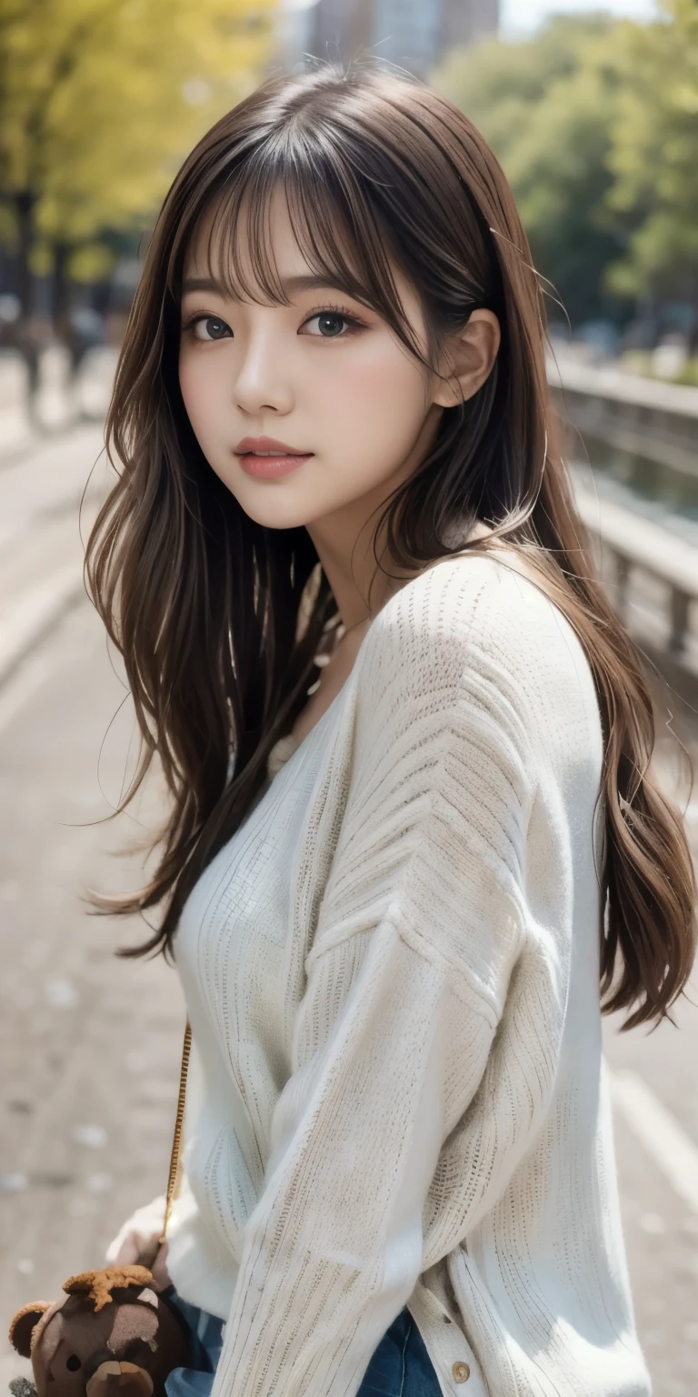 A girl walking along the river, Mix 4, sweater, pillow, lips, Open_mouth, Realistic, photograph_\(Moderate\), alone, Packed_animal, Packed_toy, Teddy_bear,(masterpiece),(photographRealistic:1.3), Very detailed, (Skin with attention to detail:1.2),(highest quality:1.0), (Ultra-high resolution:1.0), (Ulzzang-6500:0.3), Wavy fine hair, Long Hair, sunlight, (Beautiful and detailed makeup), (Sexually excited、Blushing、breathing becomes rough:1.0), Flower Theme Petals Scattered, (Flowers with a soft glow:0.5)