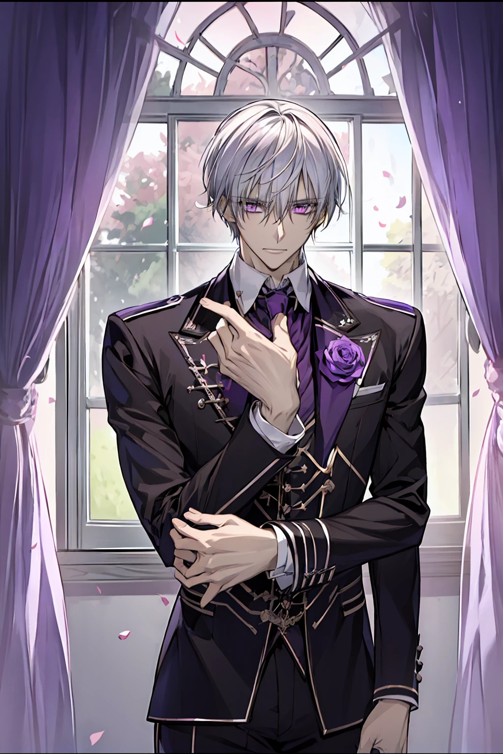 (absurdres, highres, ultra detailed, HDR), masterpiece, best quality, Zero Kiryuu , 1man, solo, handsome, white hair, vibrant purple eyes, finely eye and detailed face, window, purple curtains, purple roses, petals, black uniform, vampire knight