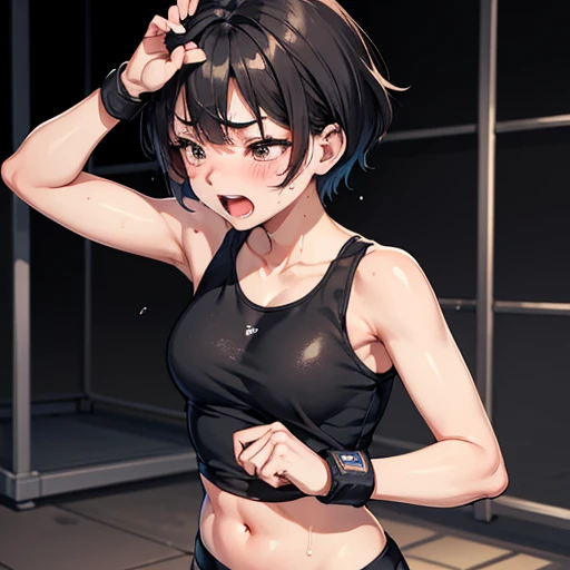 Cute Japanese high school girl with short cut, dark hair, drenched in sweat. Mixed martial arts gym. One eye tightly closed, fired up, screaming, hitting the sandbag as hard as she can. Out of breath, tank top, leggings, open finger gloves. Small breasts, poor belly, slender body, poor body.